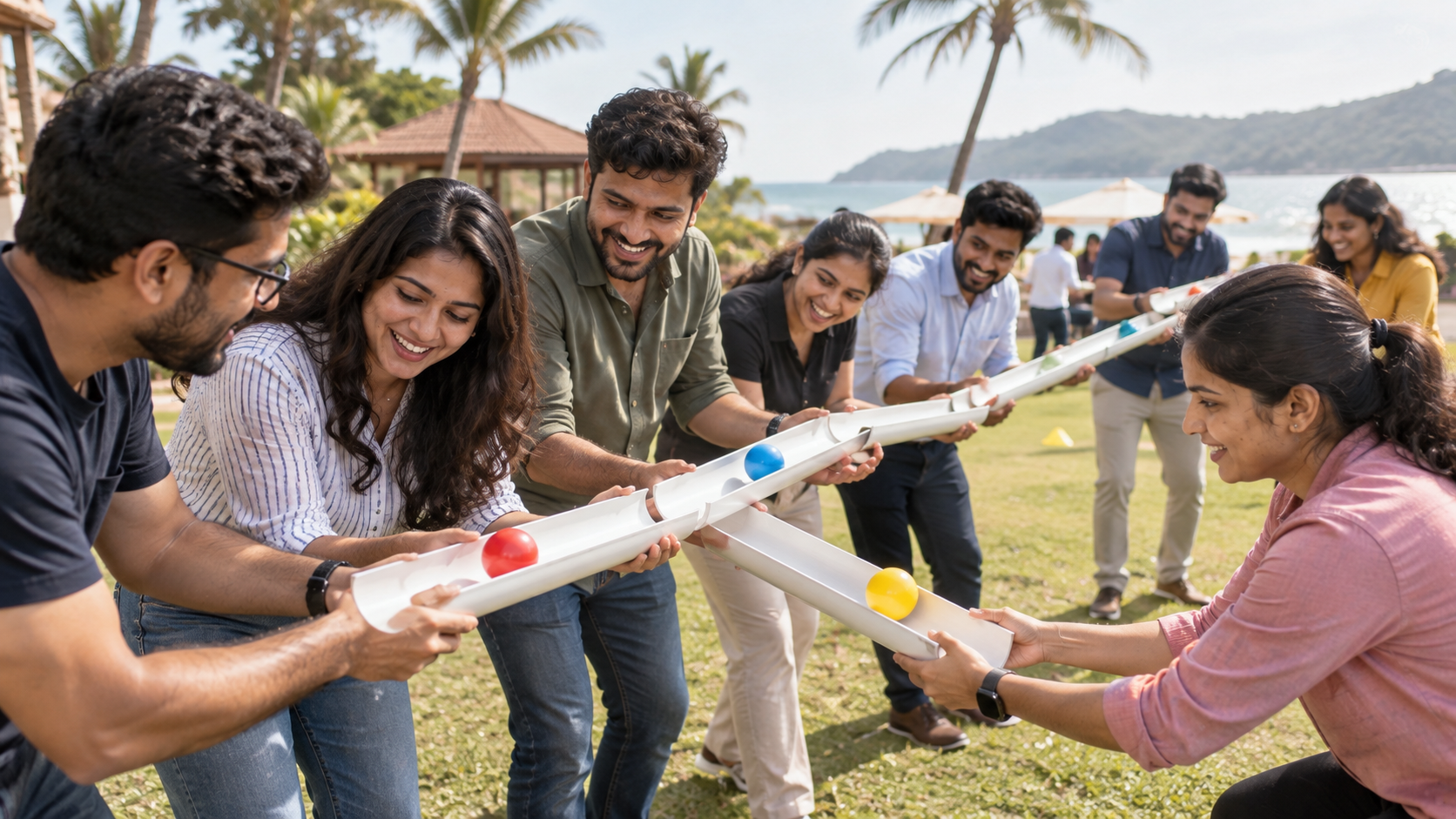Cross-functional team completing an outdoor pipeline challenge
