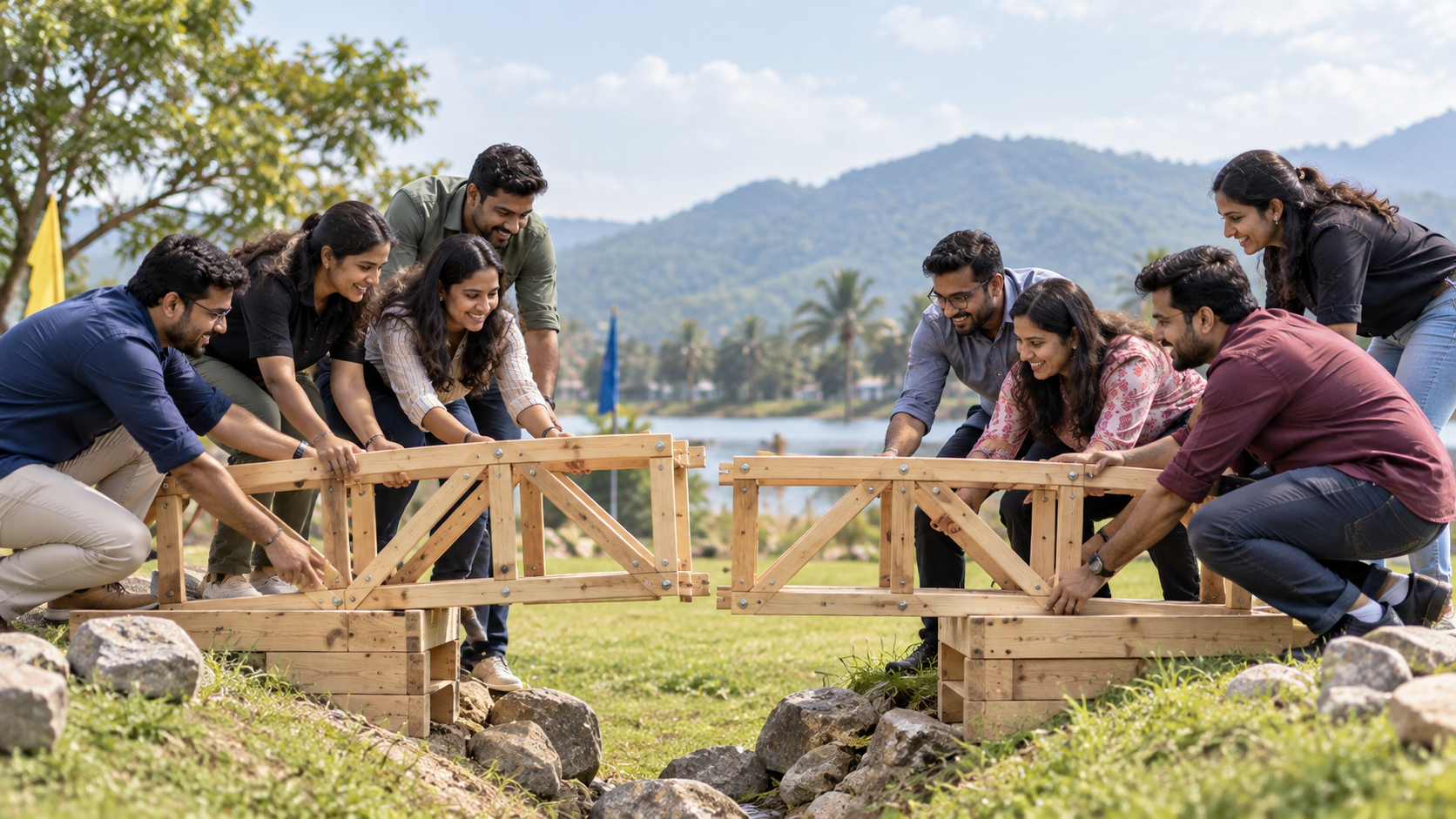 Corporate team building a modular bridge outdoors