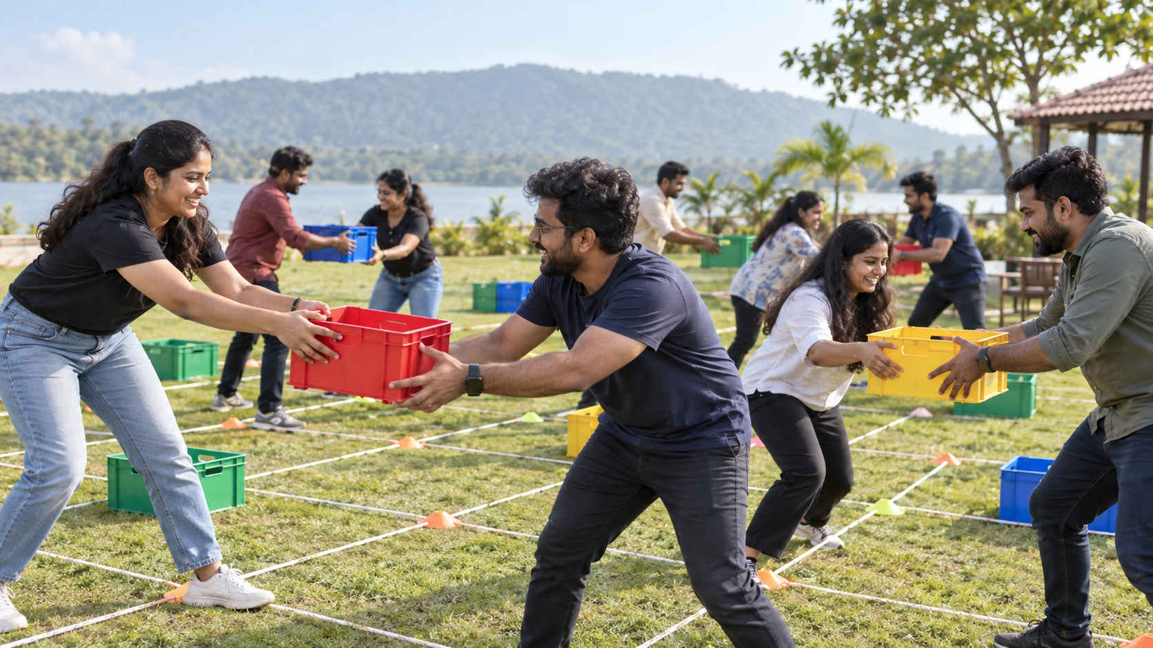 Colleagues coordinating an outdoor resource crate challenge