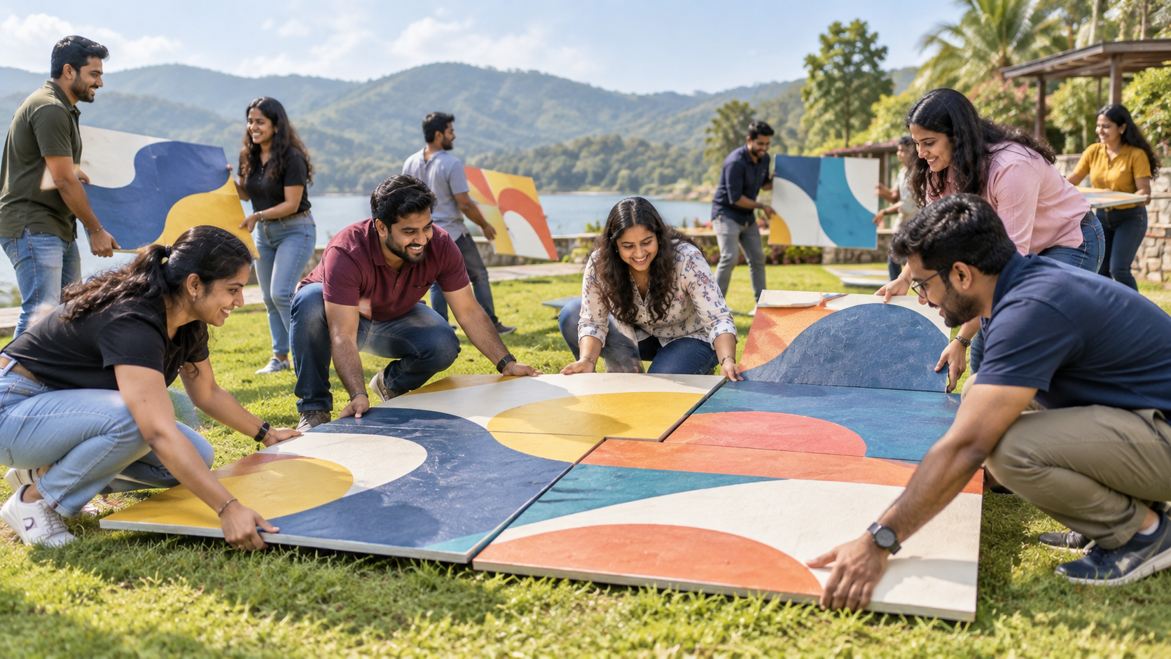 Corporate group assembling a giant outdoor mosaic