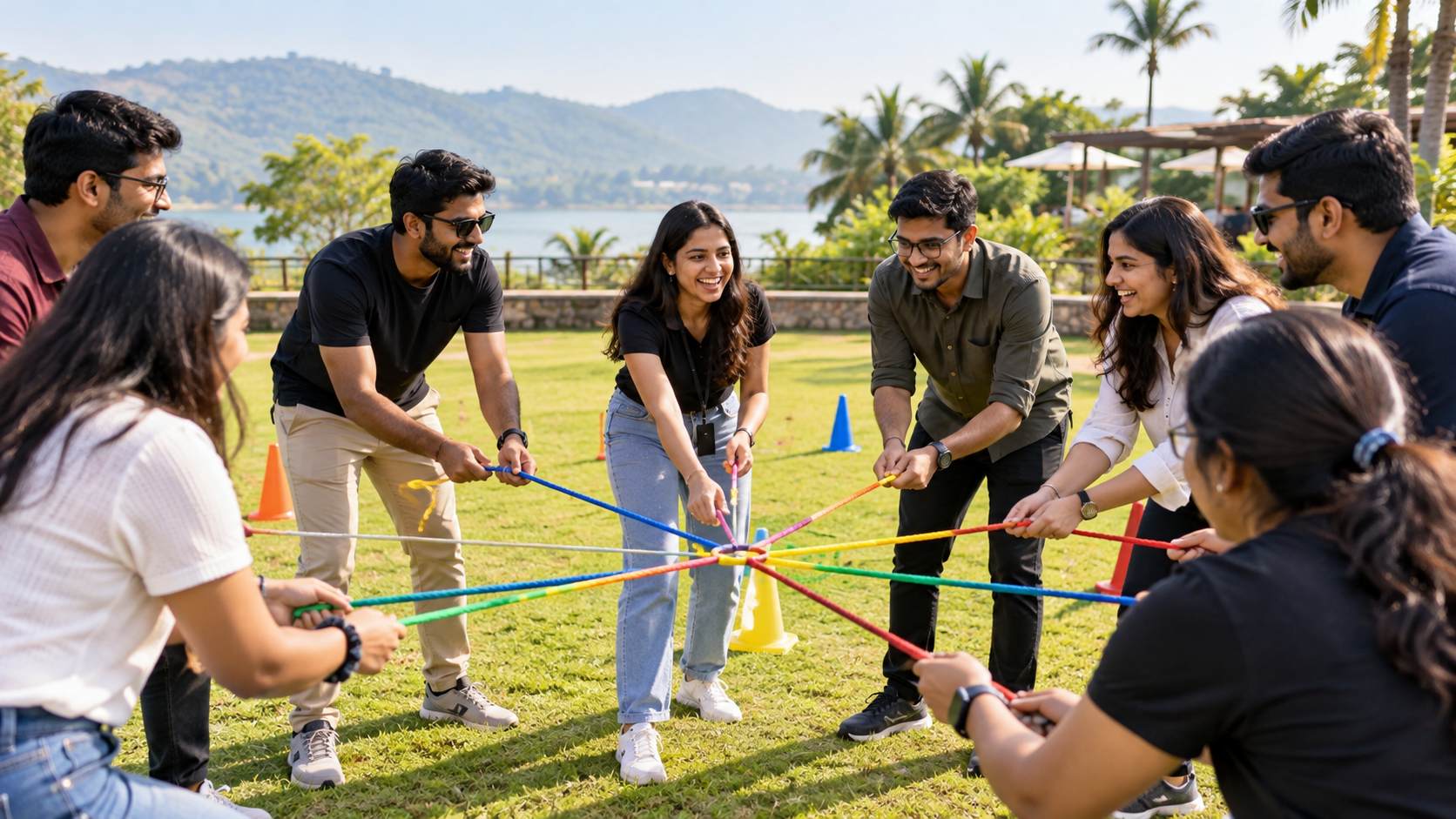 Young professionals completing an outdoor networking exercise
