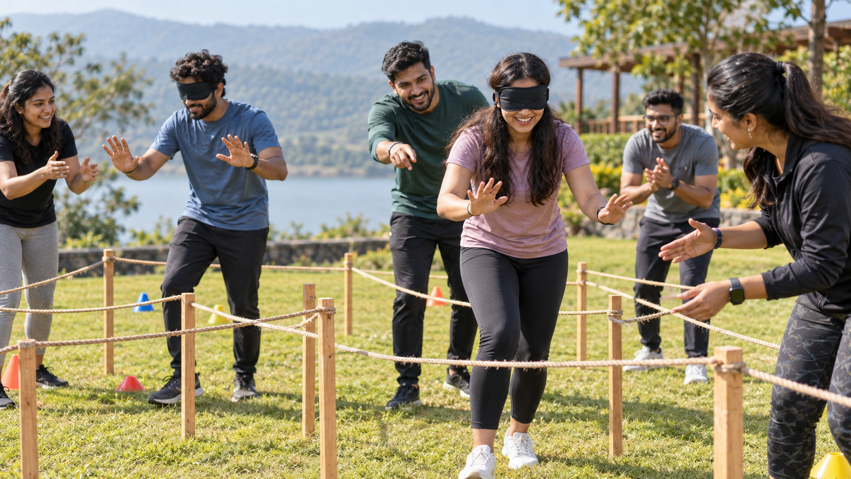 Campus hires navigating an outdoor rope maze
