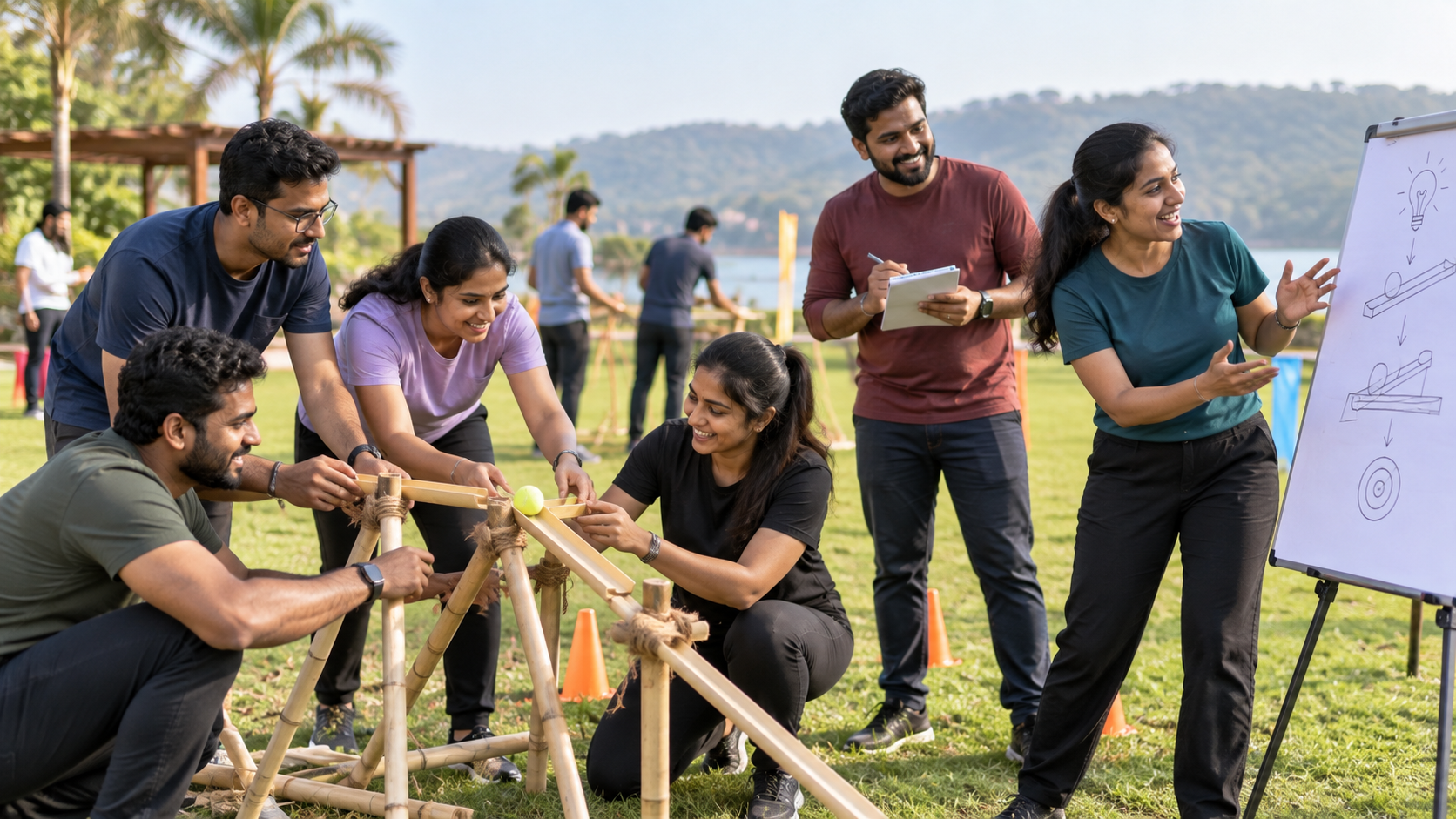 New employees building a structure at an outdoor readiness station