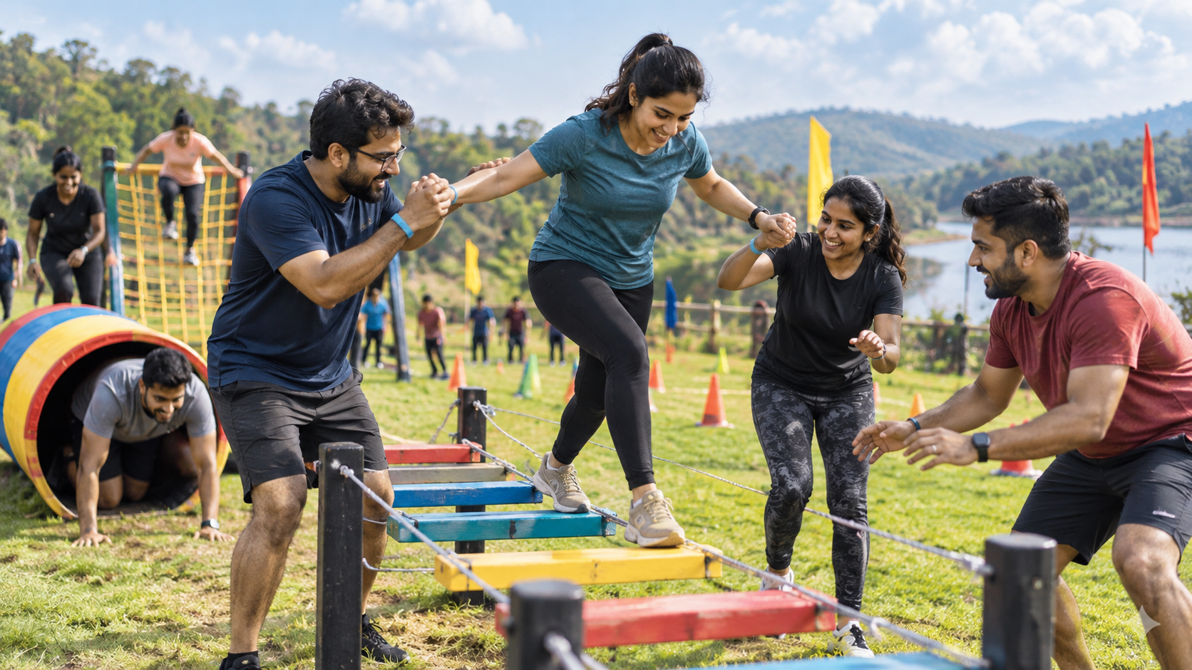 Team adapting to changing rules on an outdoor obstacle course