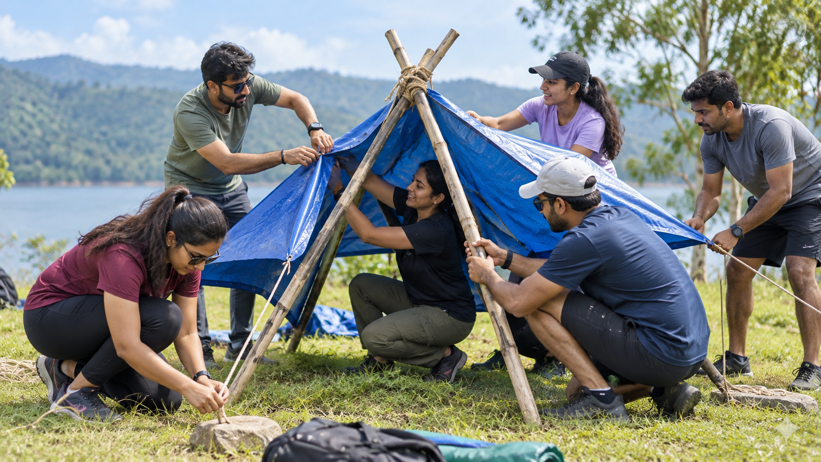 Colleagues rapidly redesigning an outdoor shelter