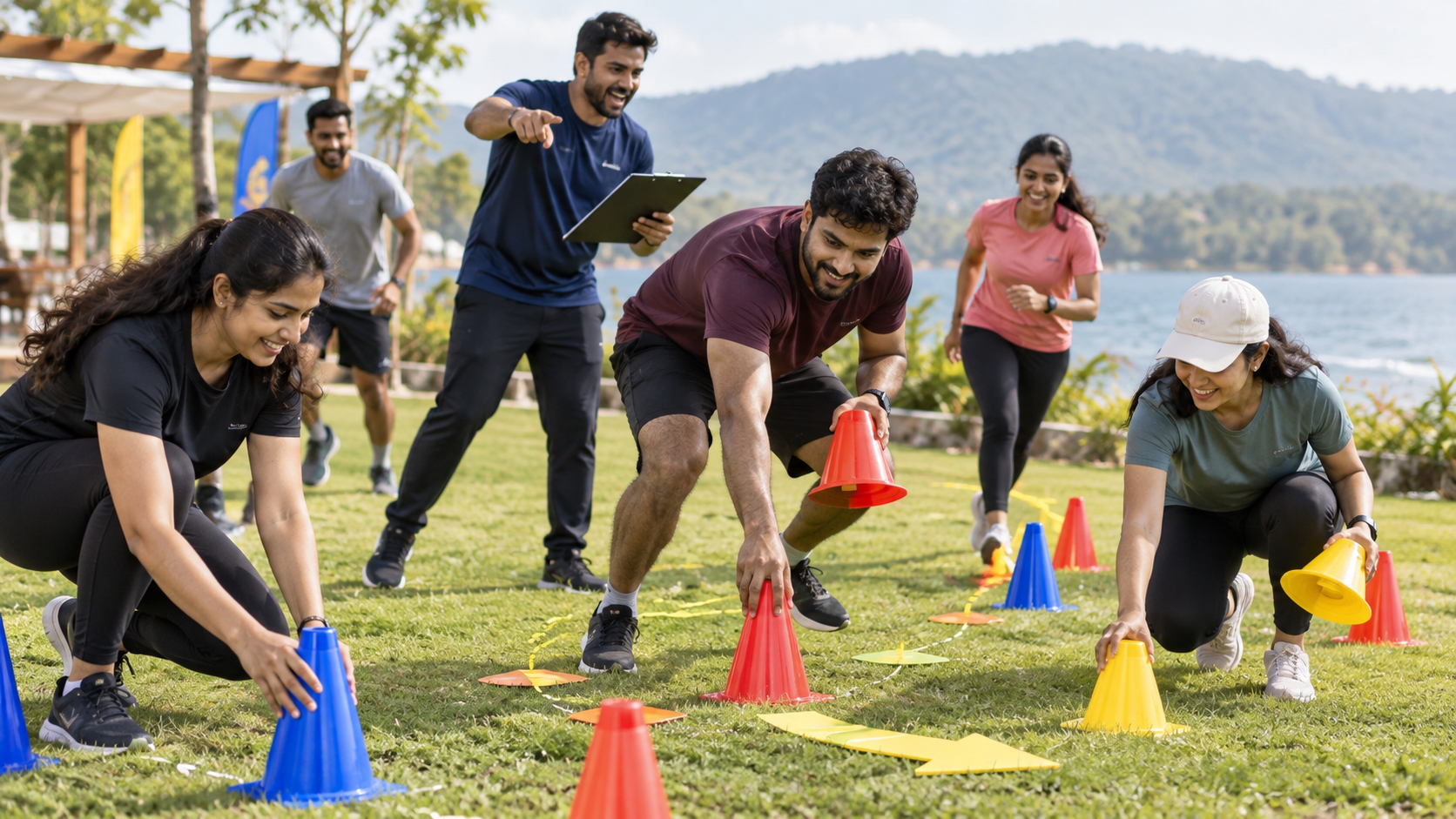 Corporate team rerouting an outdoor relay challenge