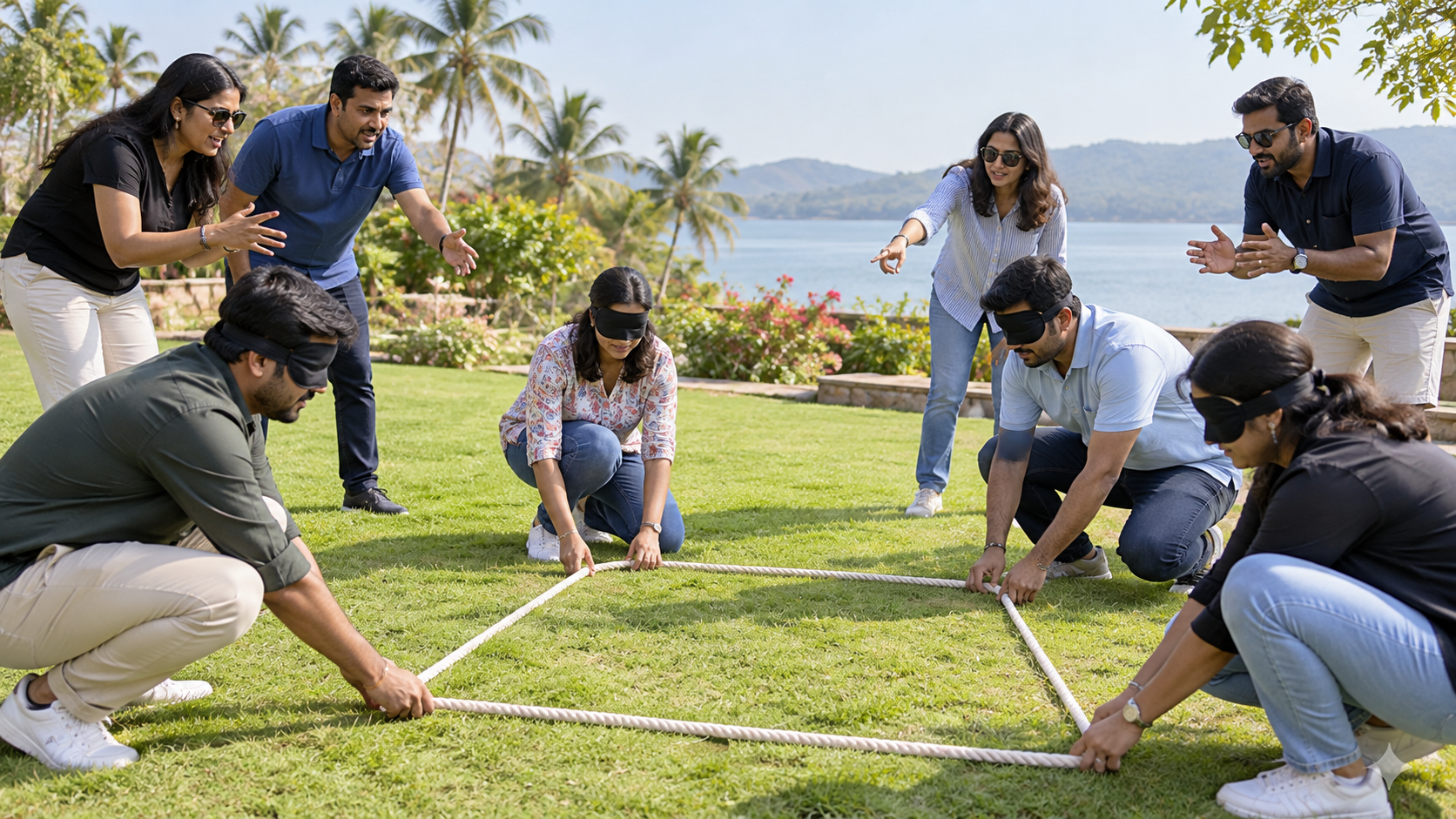Blindfolded team creating a rope shape outdoors