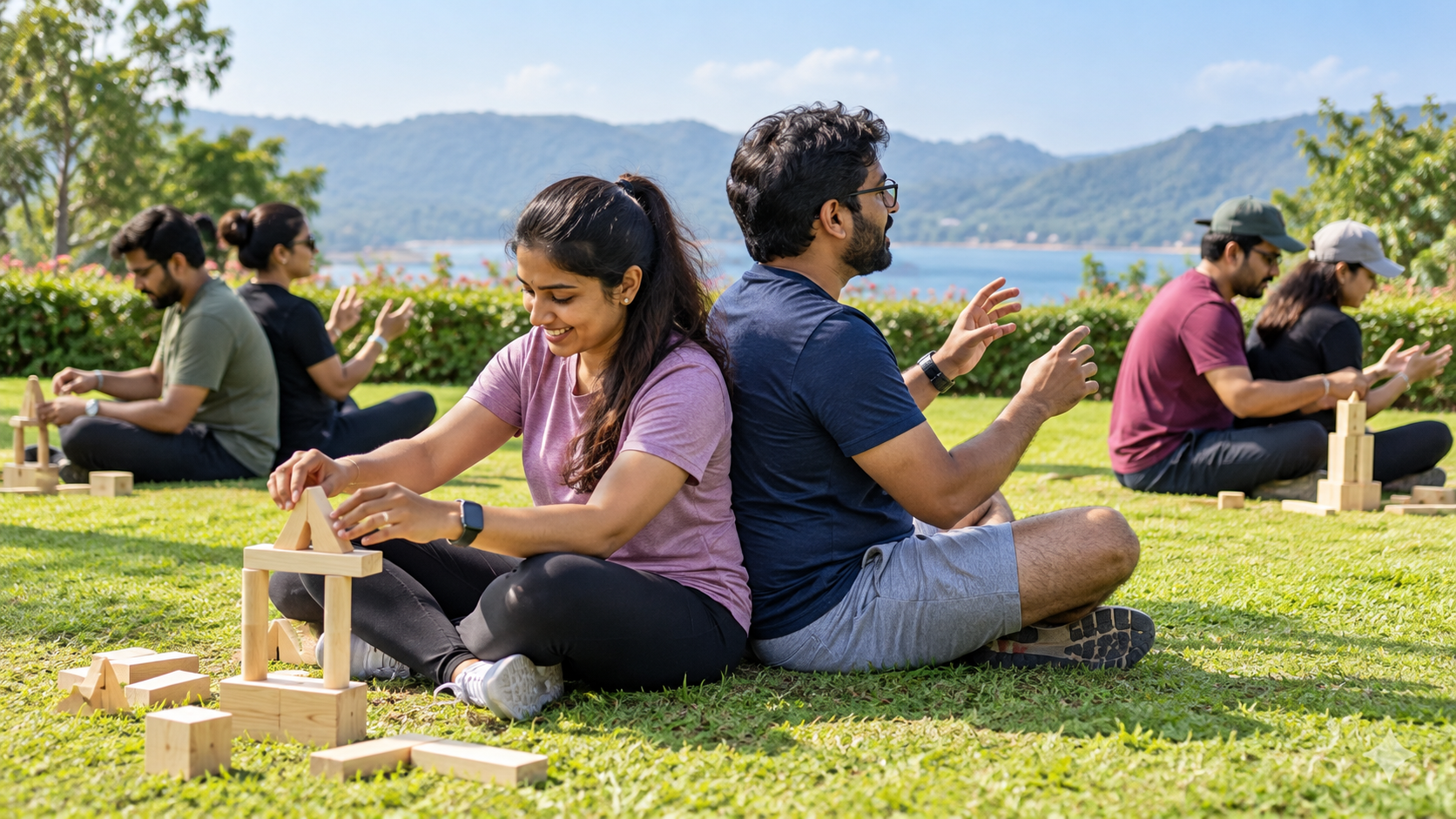 Partners completing a back-to-back model-building exercise outdoors