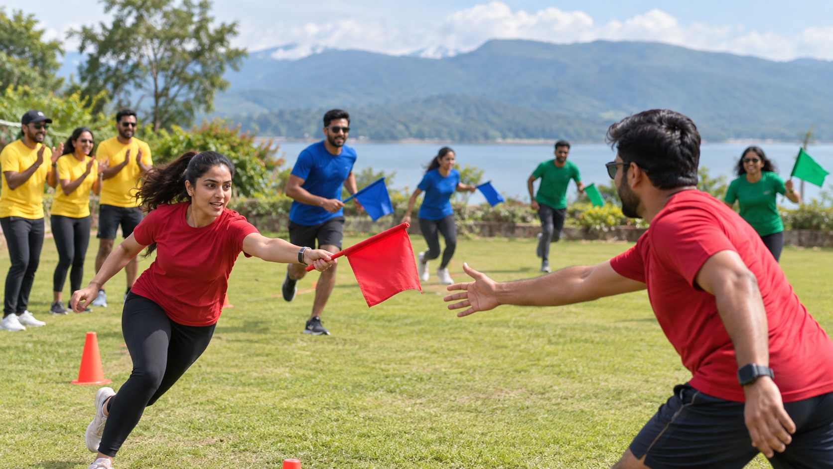 Corporate teams exchanging flags in an outdoor communication relay