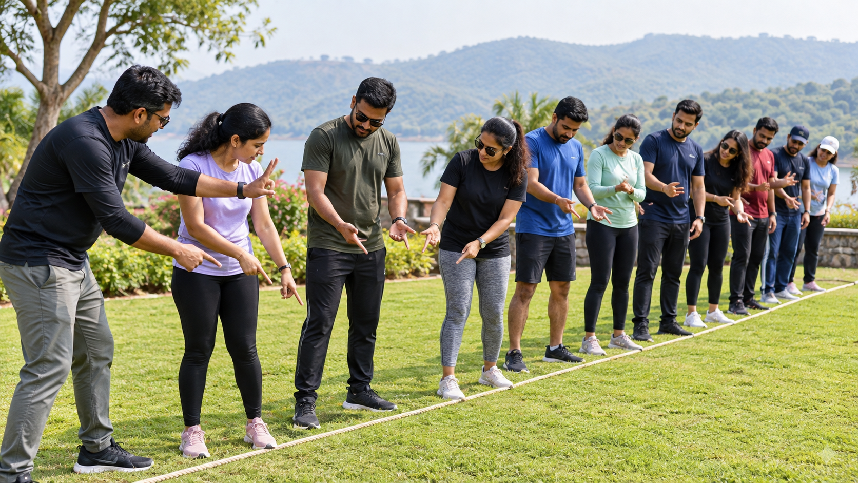 Colleagues completing a silent line-up challenge outdoors