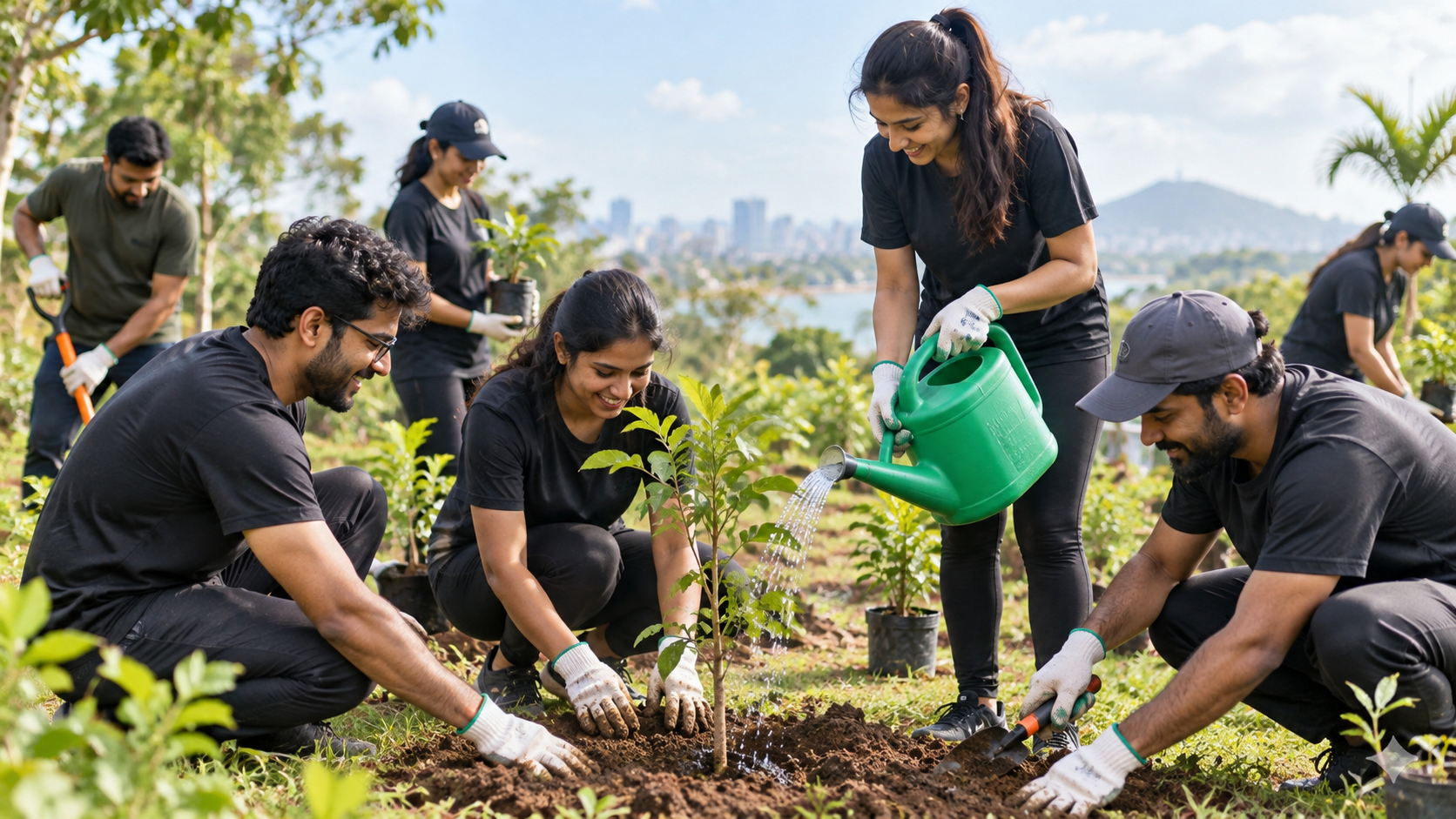 Corporate volunteers planting trees outdoors