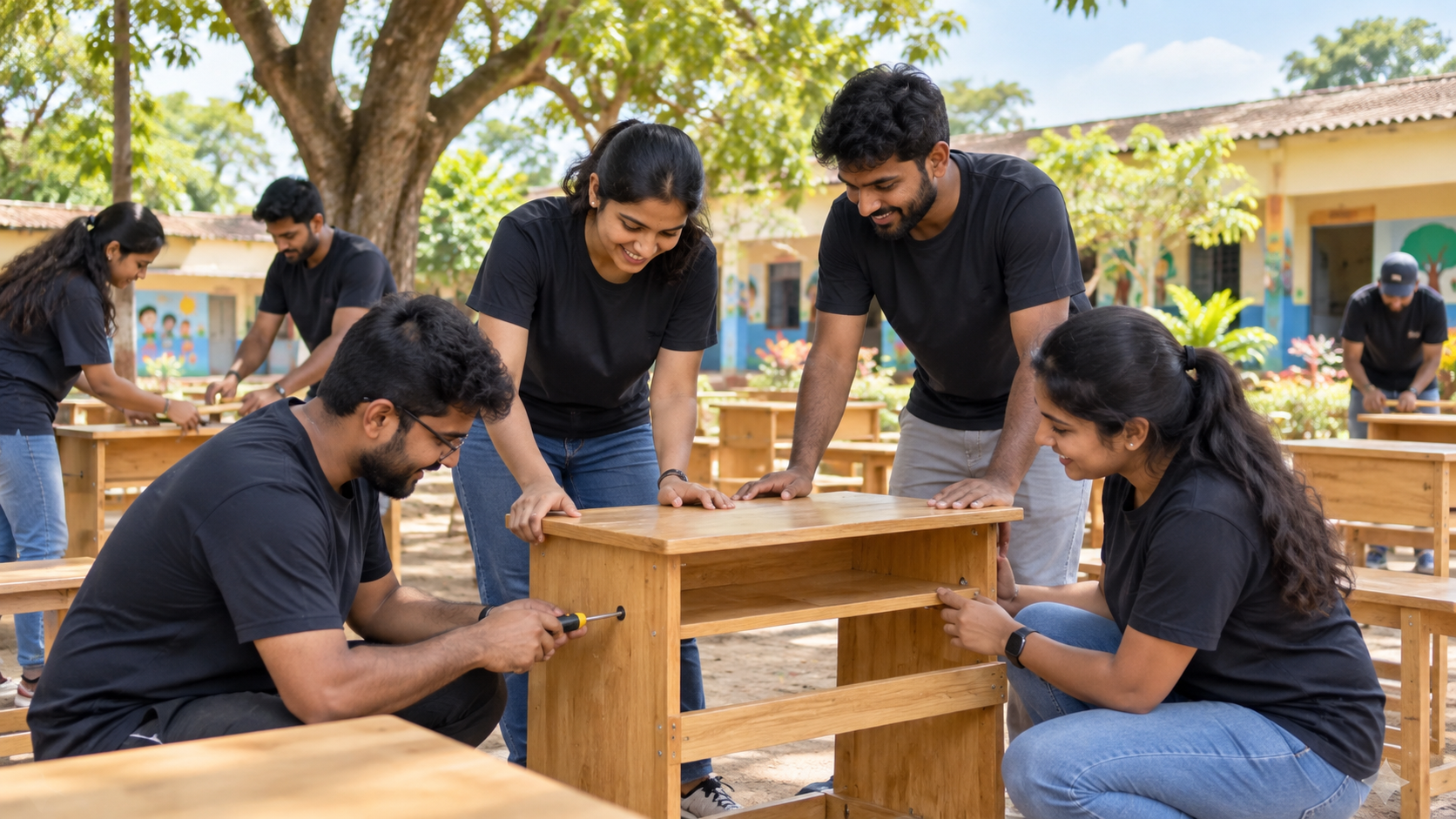 Employees building school desks at an outdoor community site