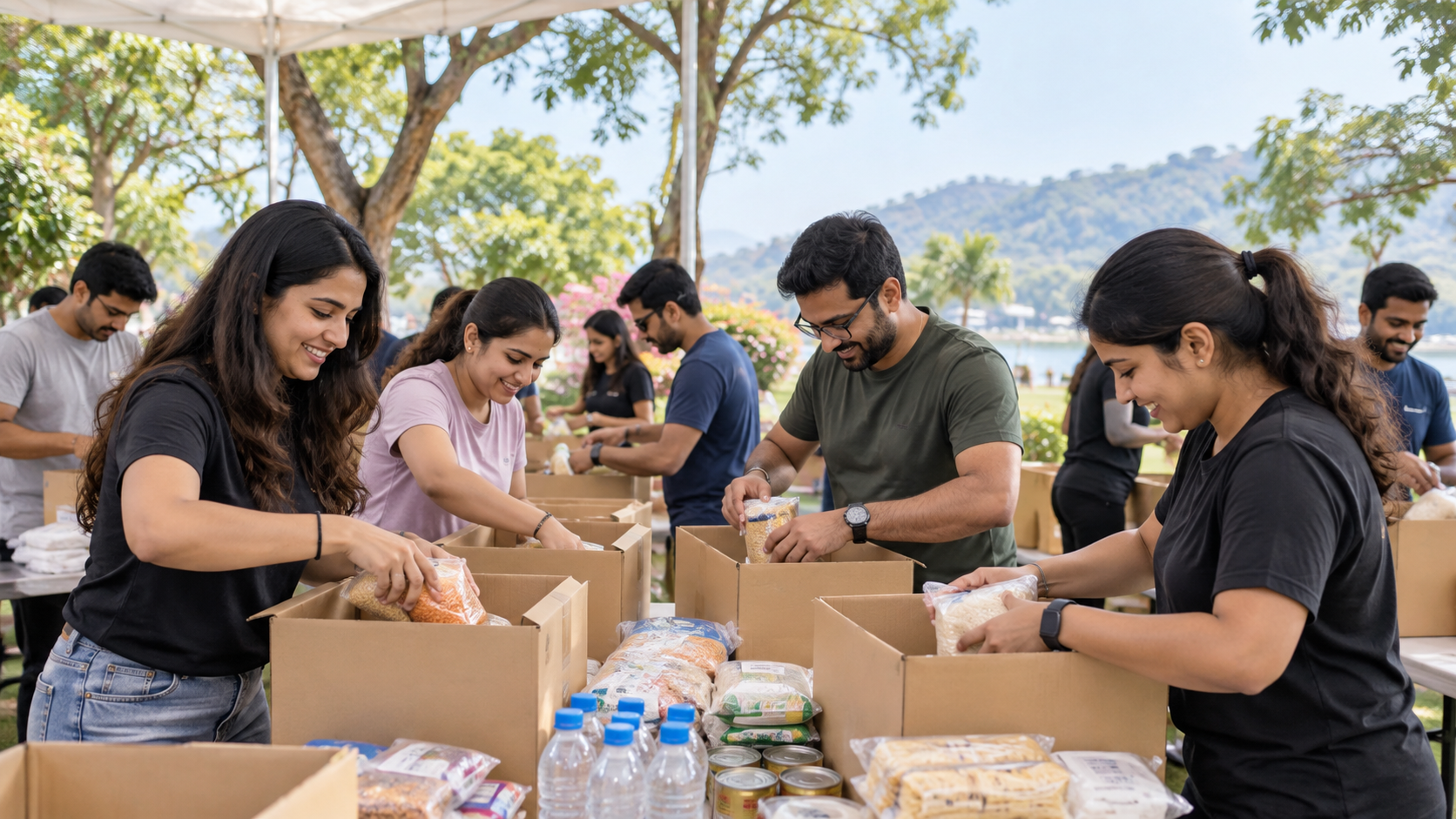 Corporate team packing community relief kits outdoors