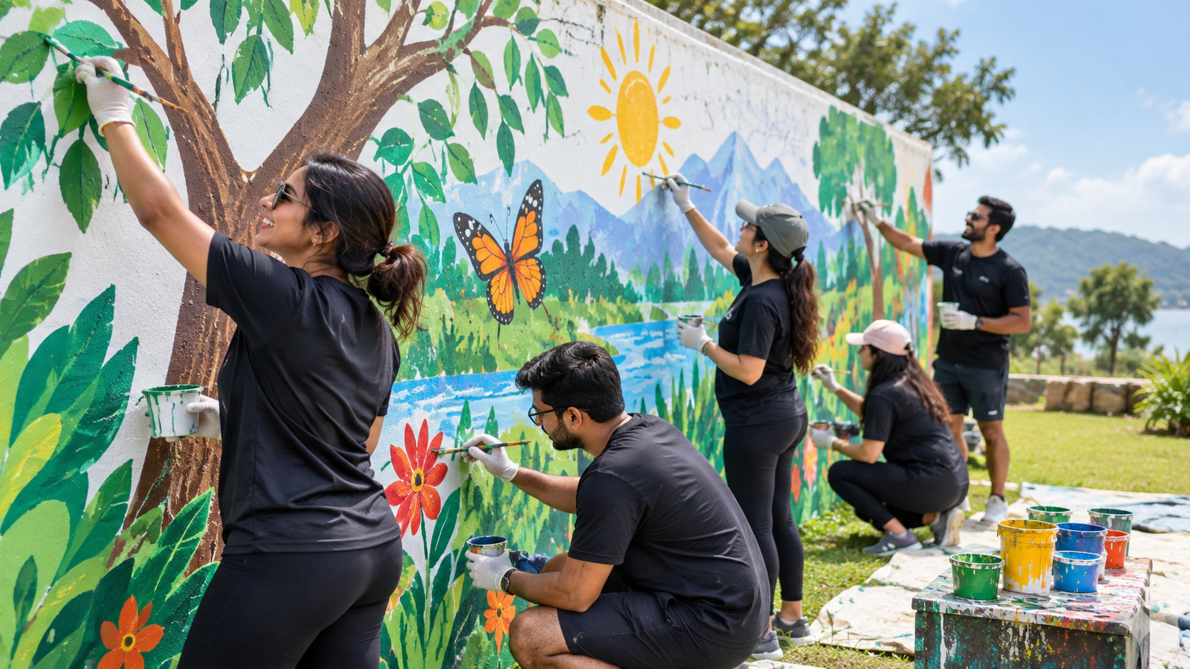 Employees painting a community mural outdoors