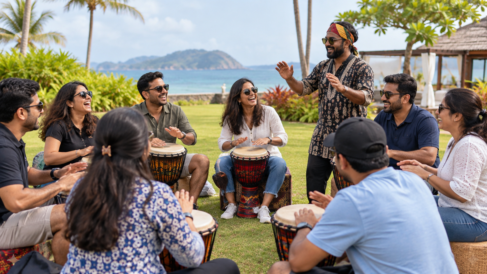 Corporate colleagues sharing an outdoor folk rhythm circle