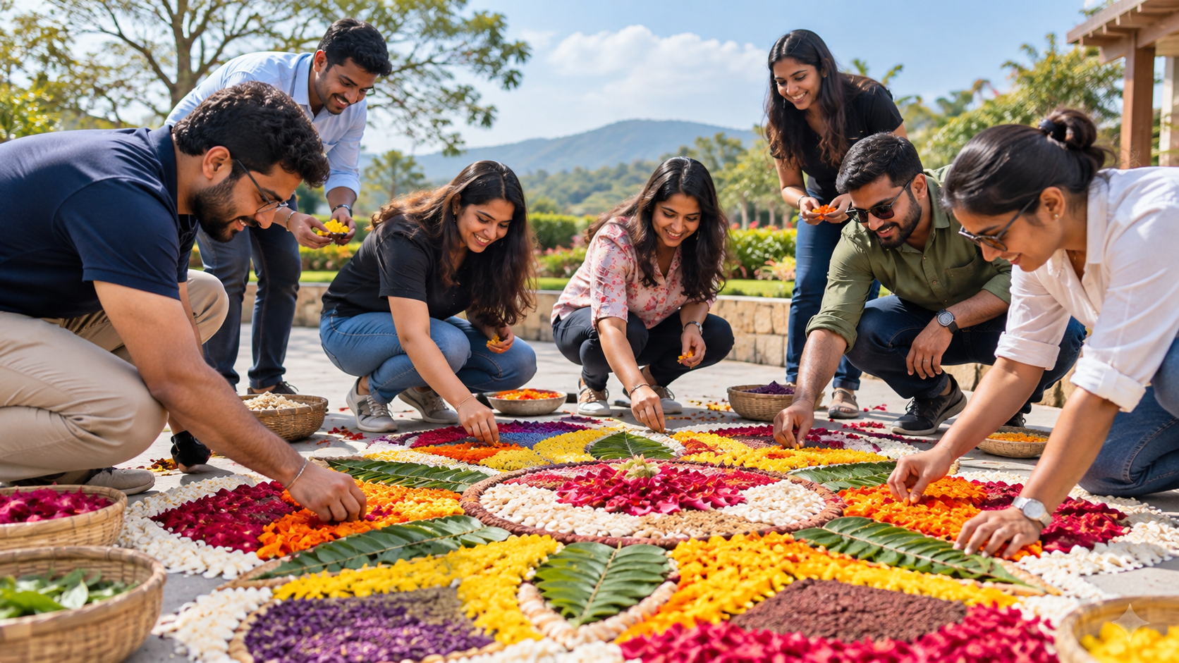 Employees creating a collaborative rangoli outdoors