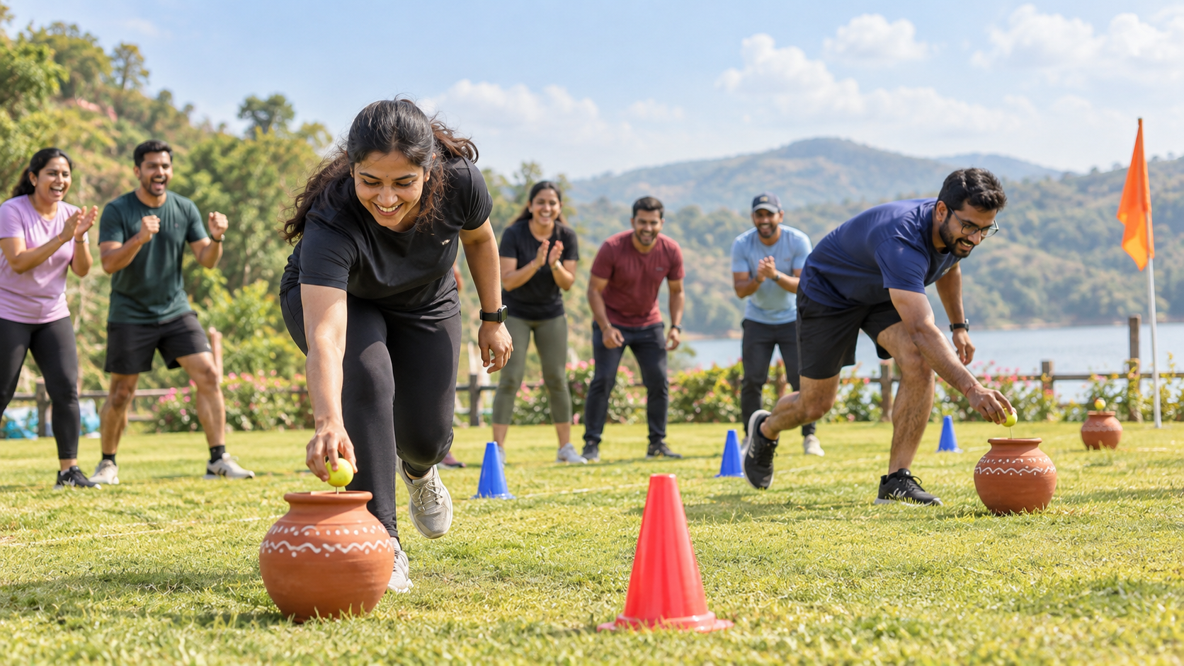 Team taking part in a traditional outdoor games relay