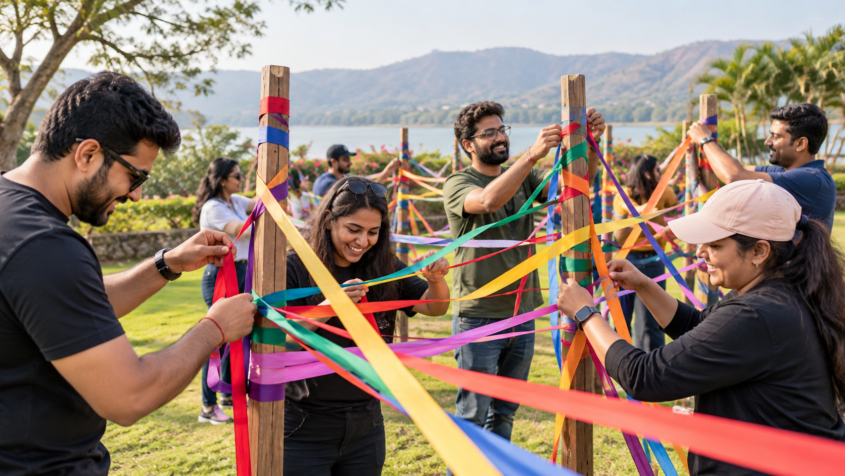 Colleagues completing a colorful outdoor ribbon-weaving activity