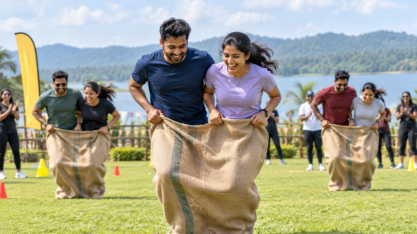 Employees enjoying an outdoor sack race