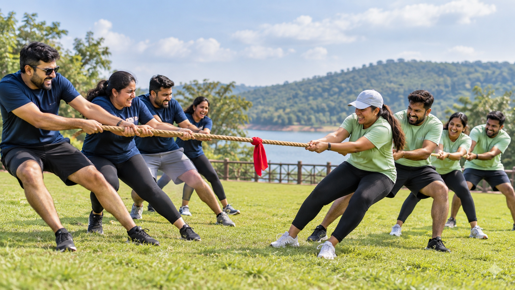 Employees competing in an outdoor tug-of-war