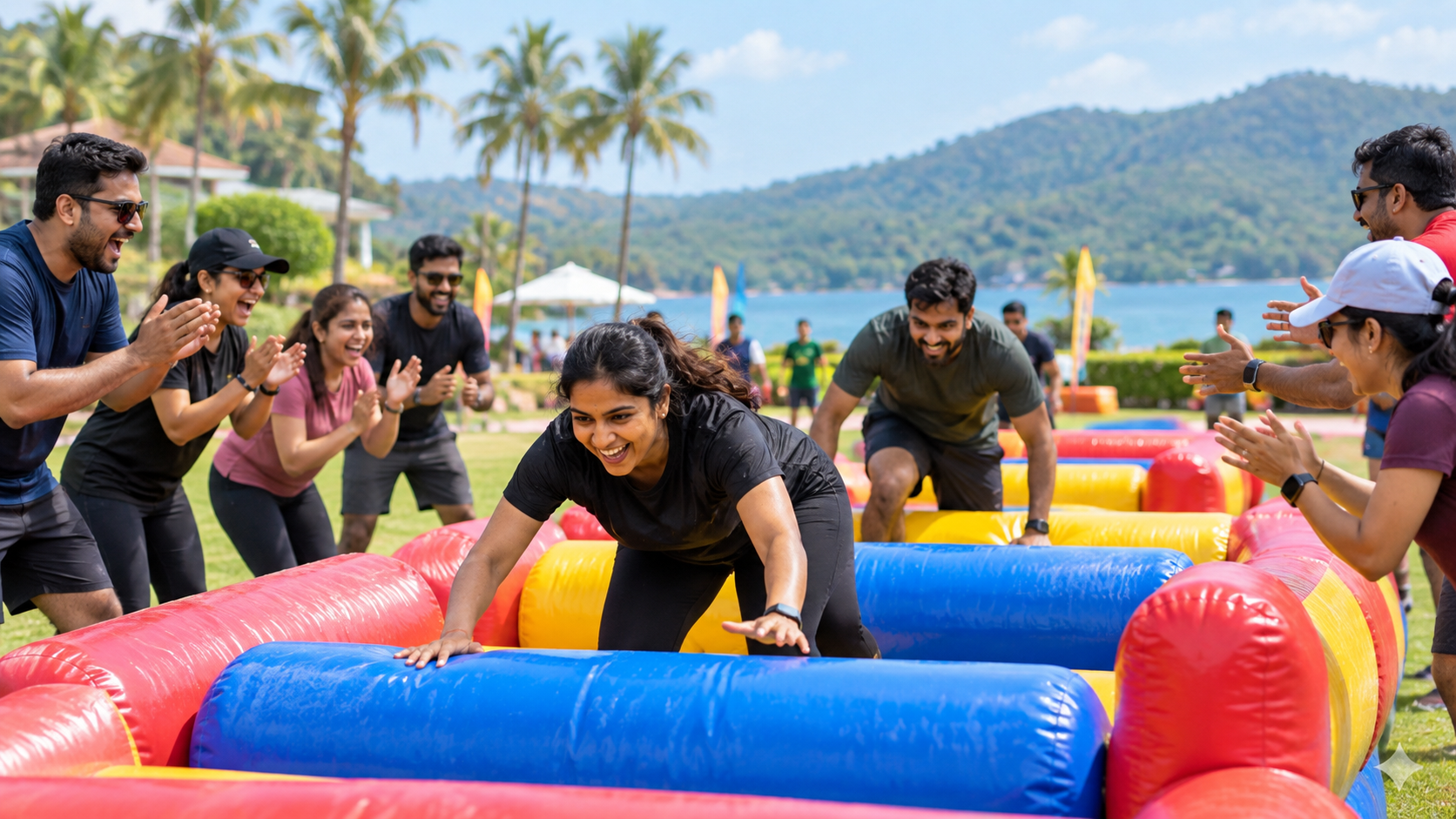 Team completing an outdoor inflatable obstacle challenge