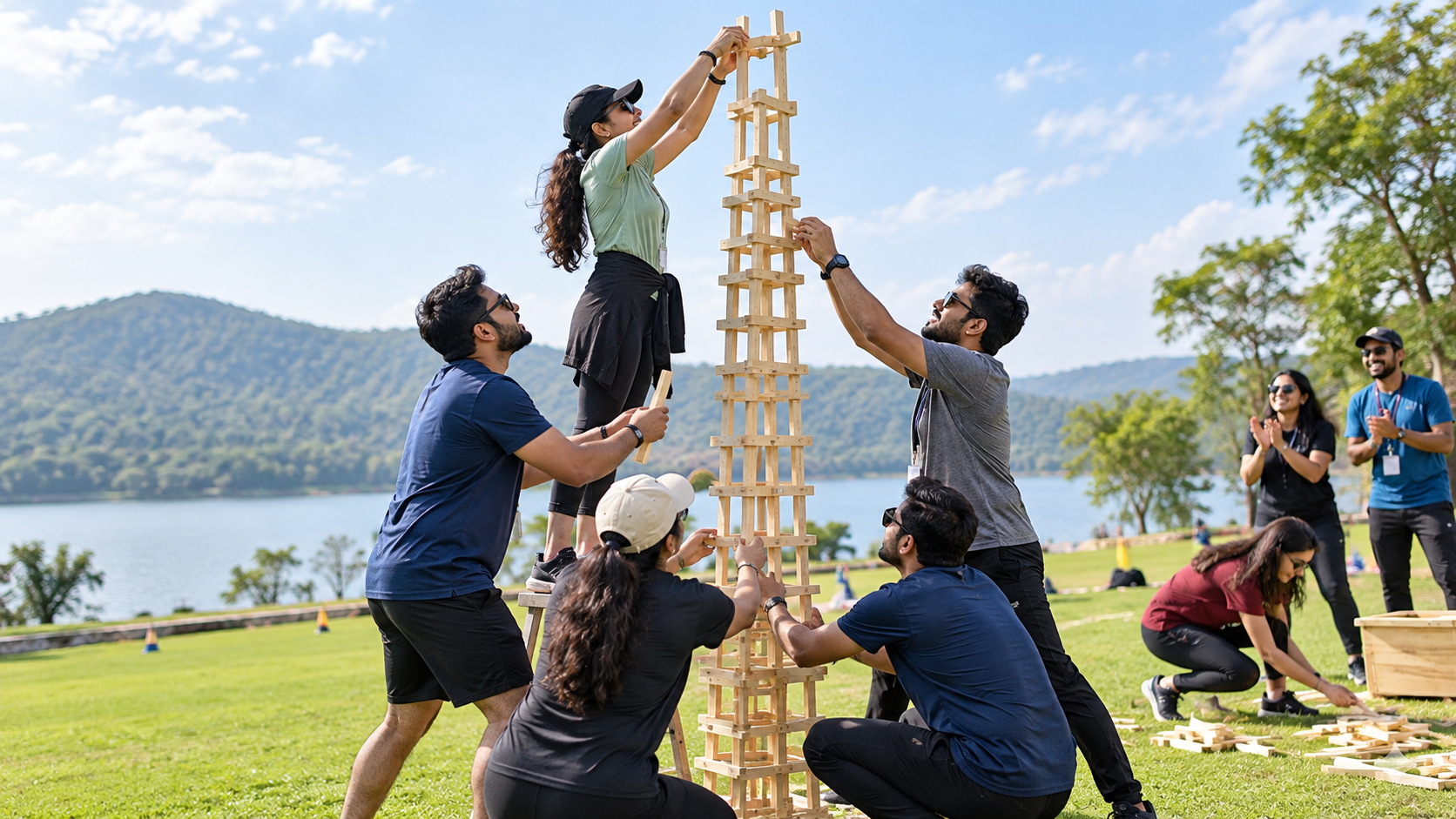 Corporate team building a tall tower outdoors