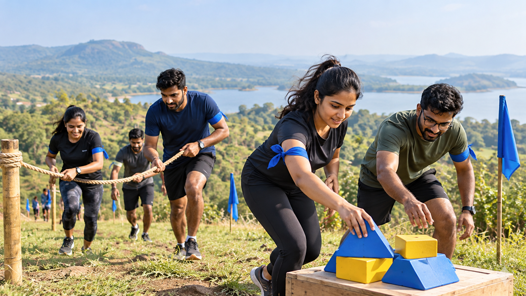 Corporate team racing through an outdoor hill checkpoint