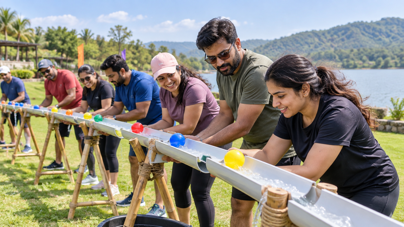 Colleagues completing an outdoor water-ball pipeline activity