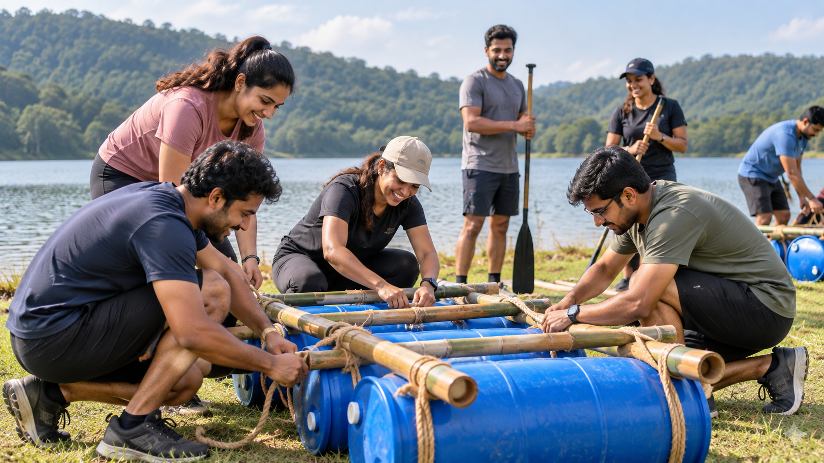 High-performance team building a raft outdoors