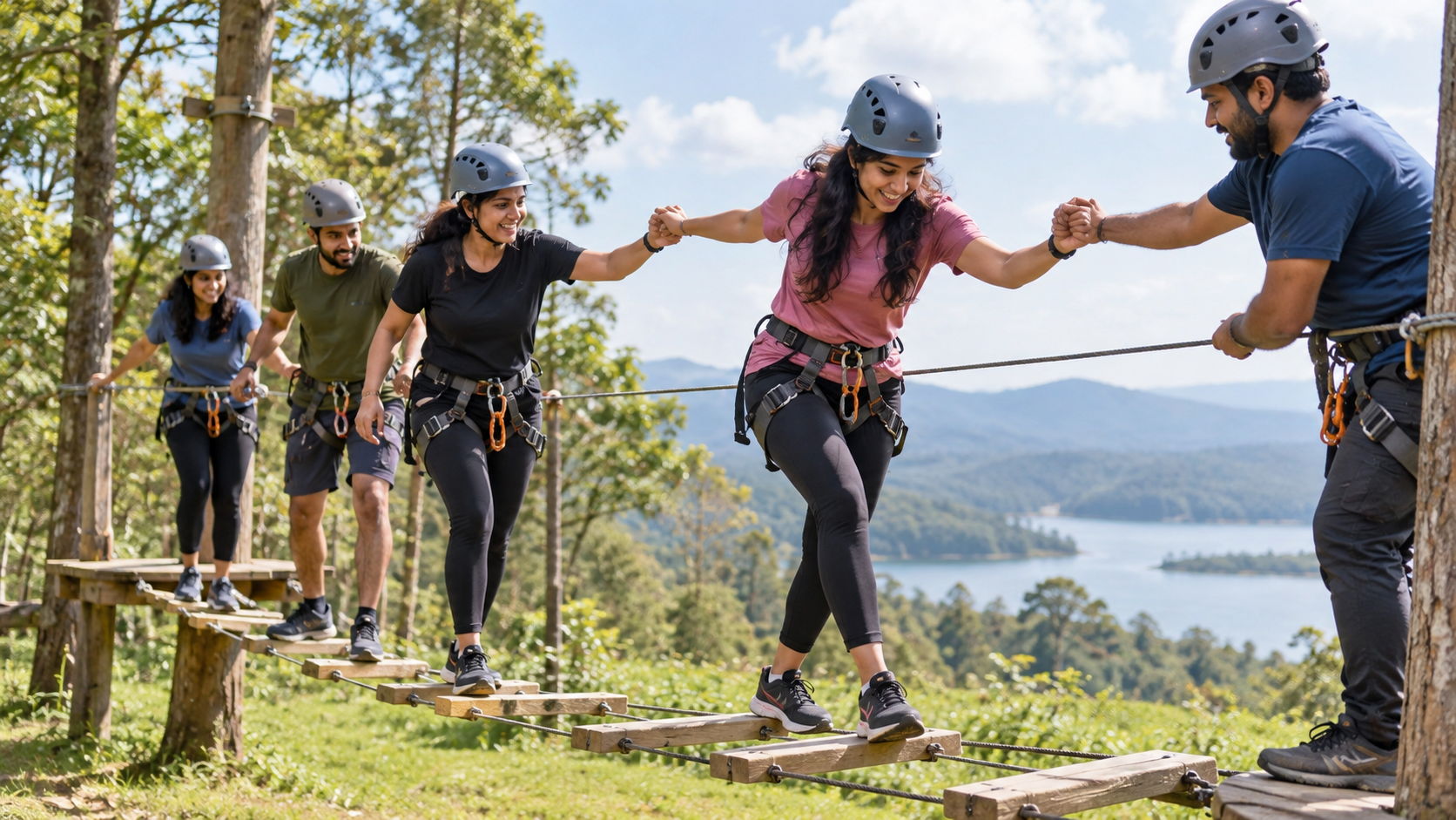 Corporate team crossing an outdoor low-ropes course