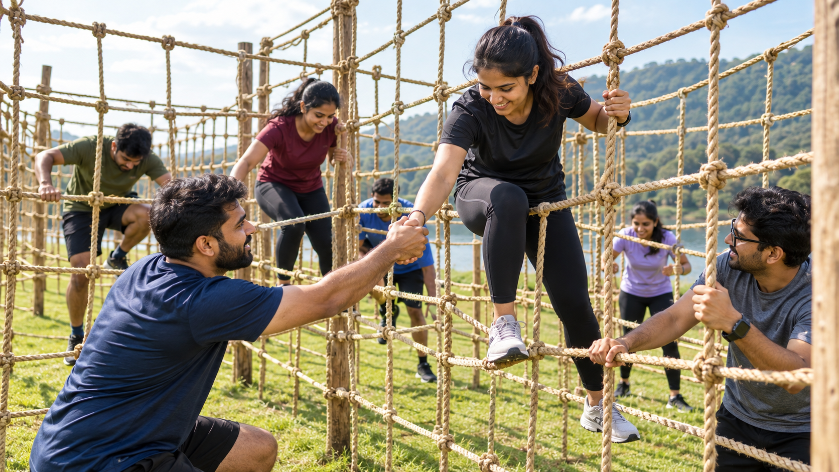 Team navigating a giant outdoor rope-net maze