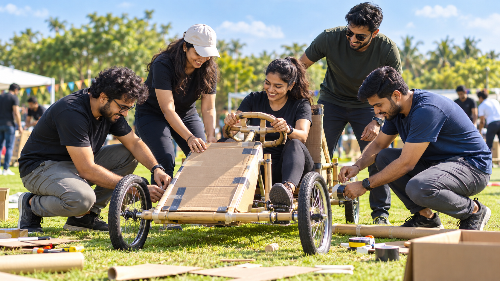 Corporate team building a pedal vehicle outdoors