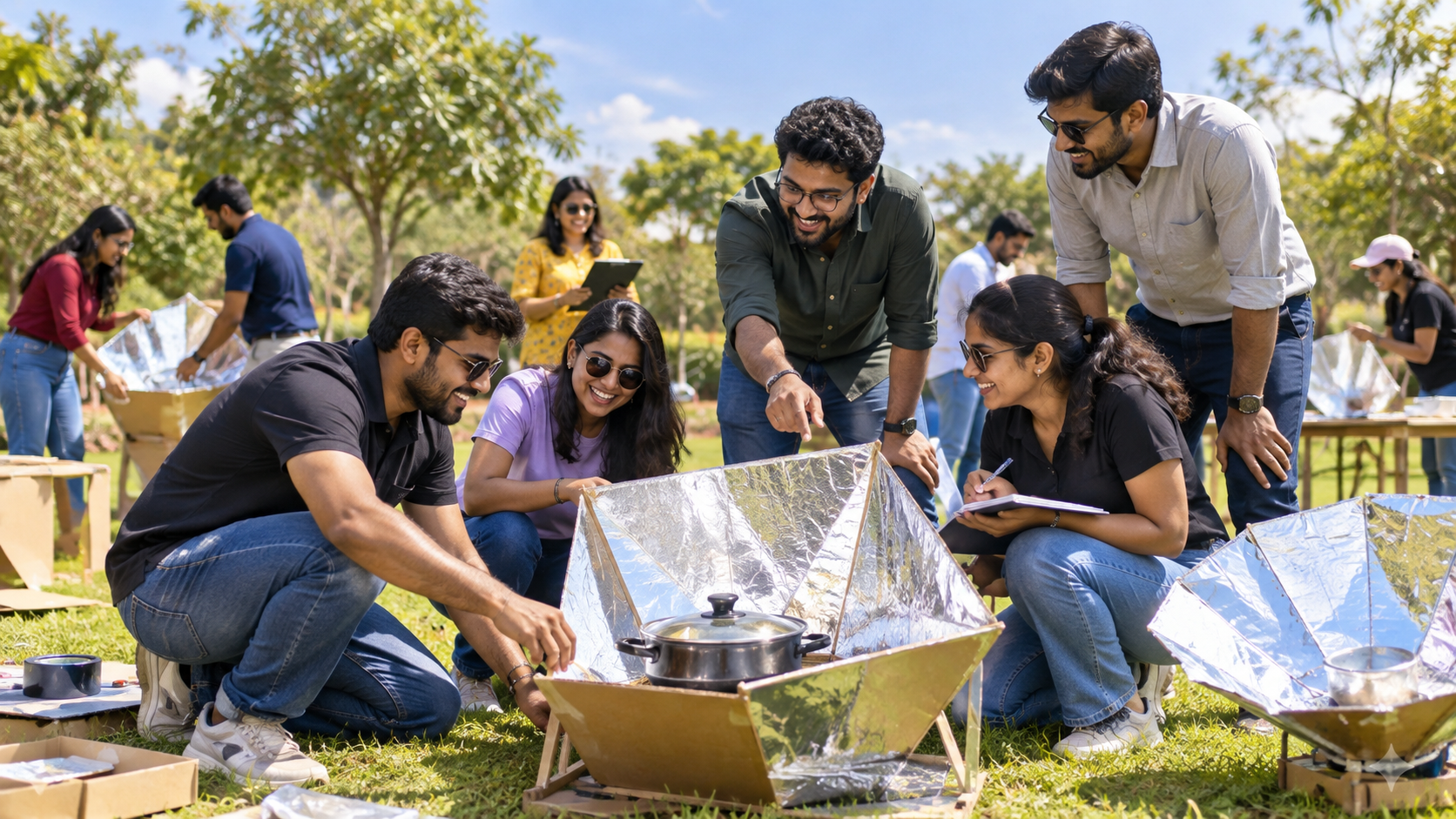 Employees testing handmade solar cookers outdoors