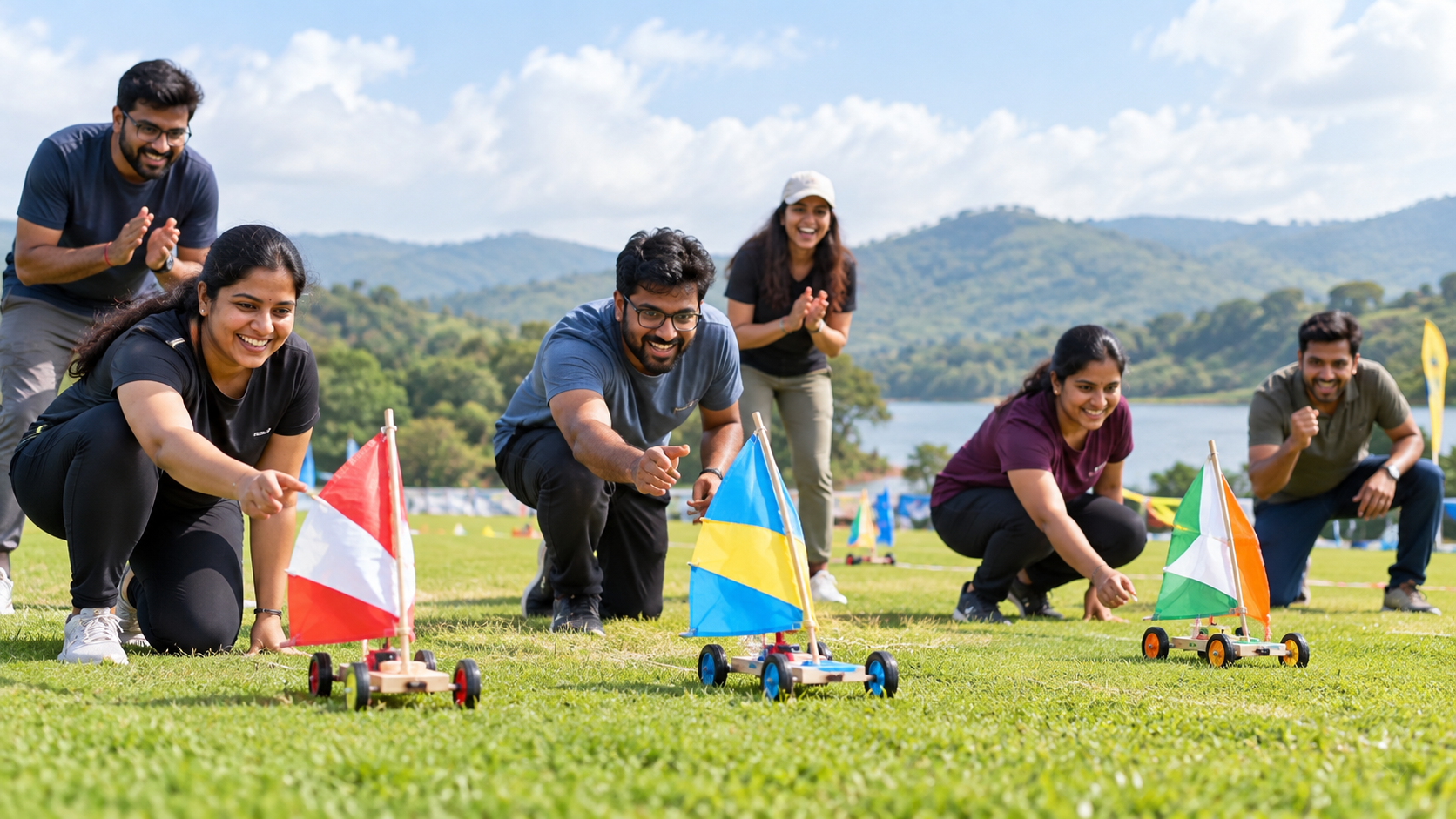 Teams racing wind-powered devices on an outdoor field