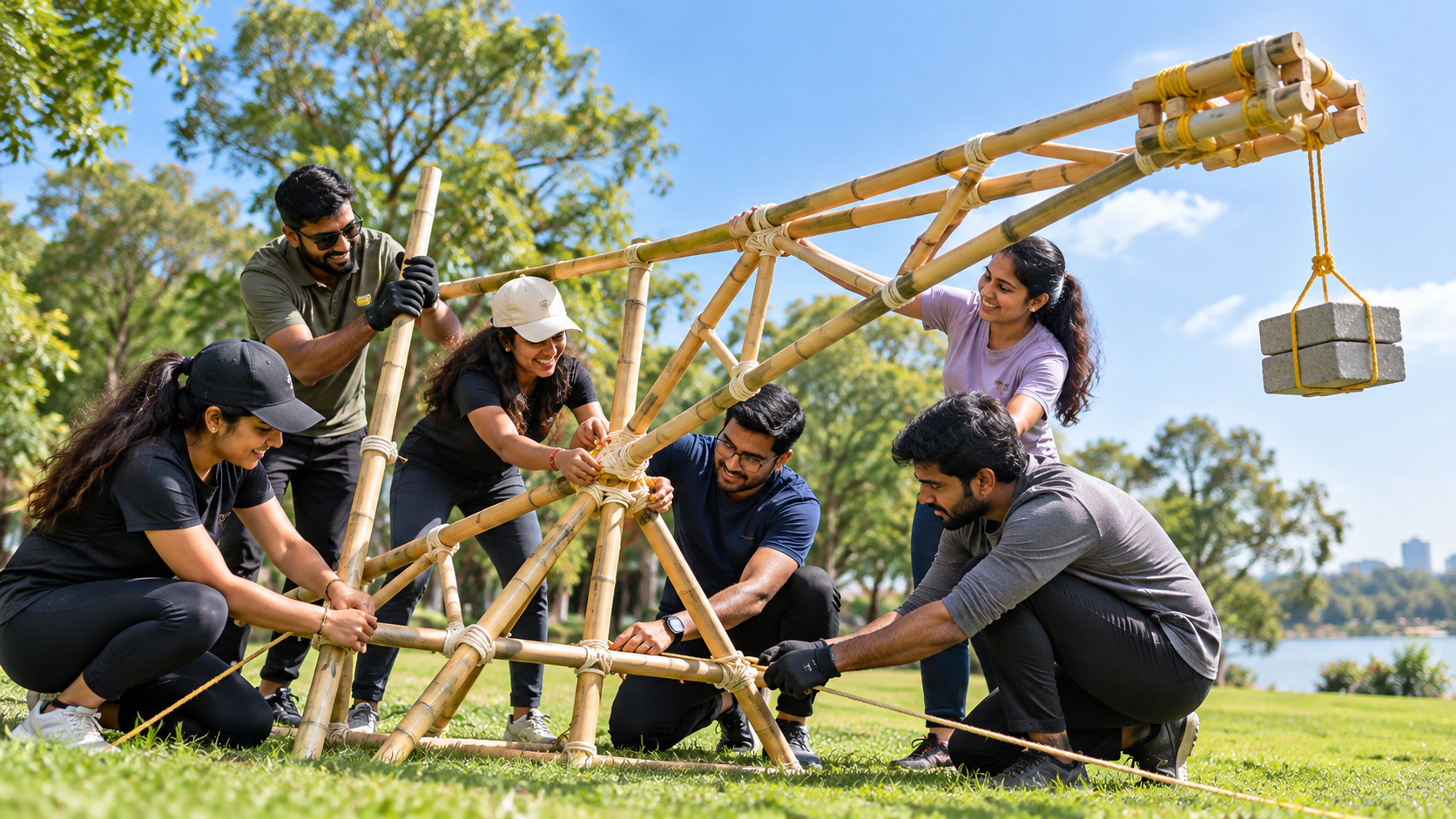 Colleagues engineering a bamboo cantilever outdoors