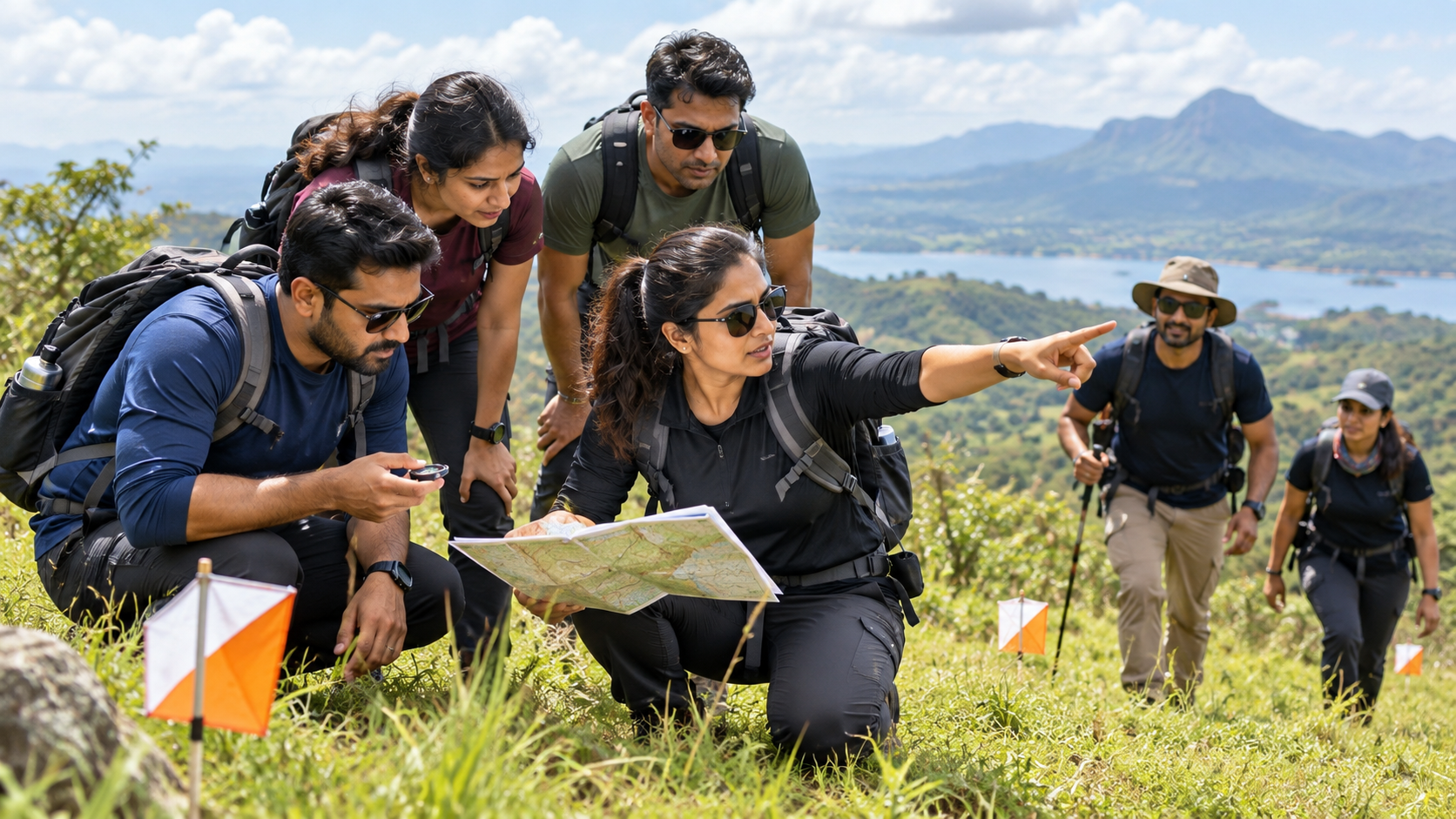 Corporate leaders navigating an outdoor map-and-compass expedition
