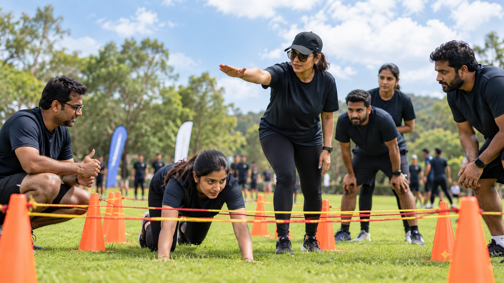 Team leader directing an outdoor obstacle challenge