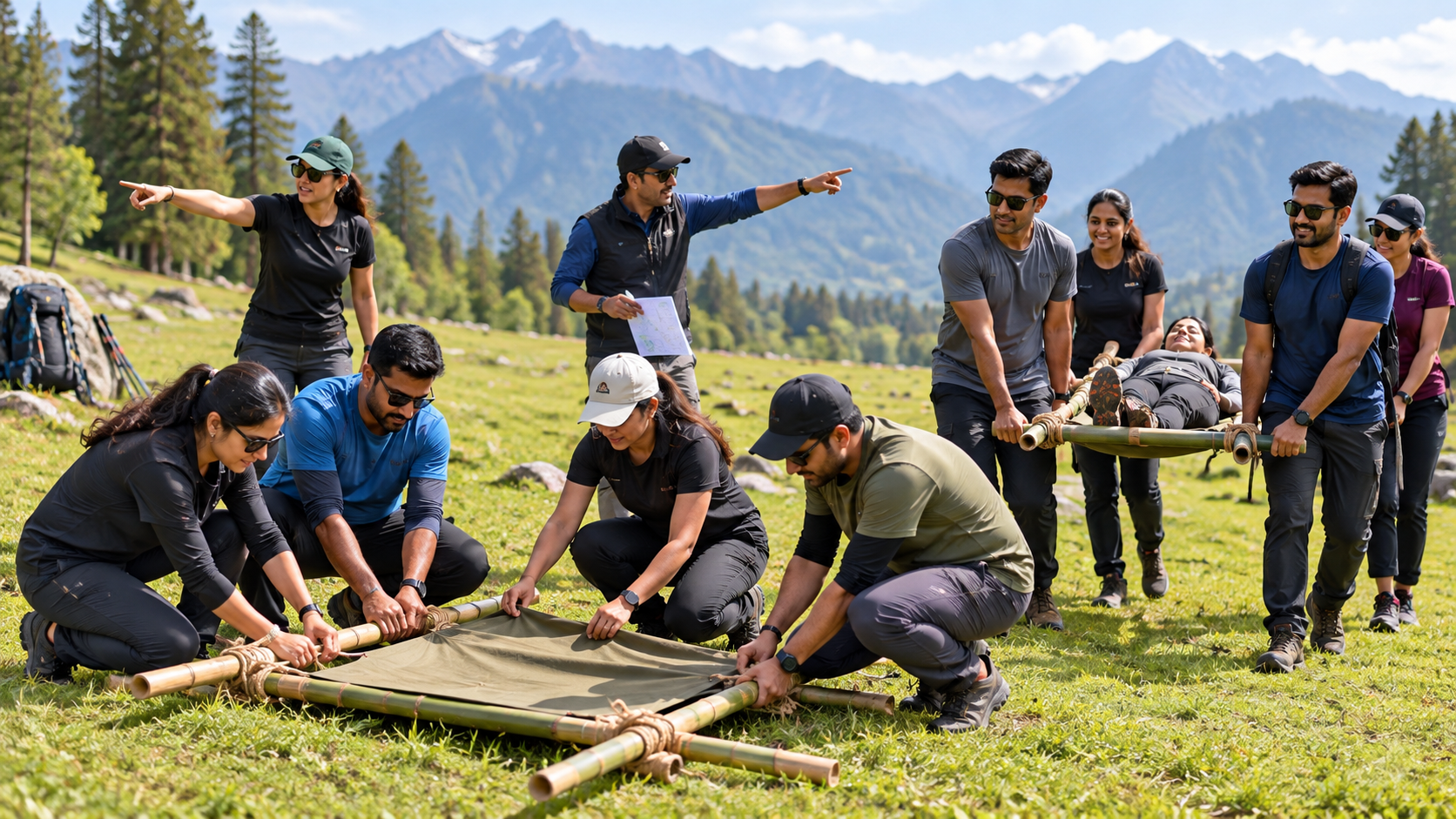 Managers coordinating an outdoor rescue-stretcher exercise