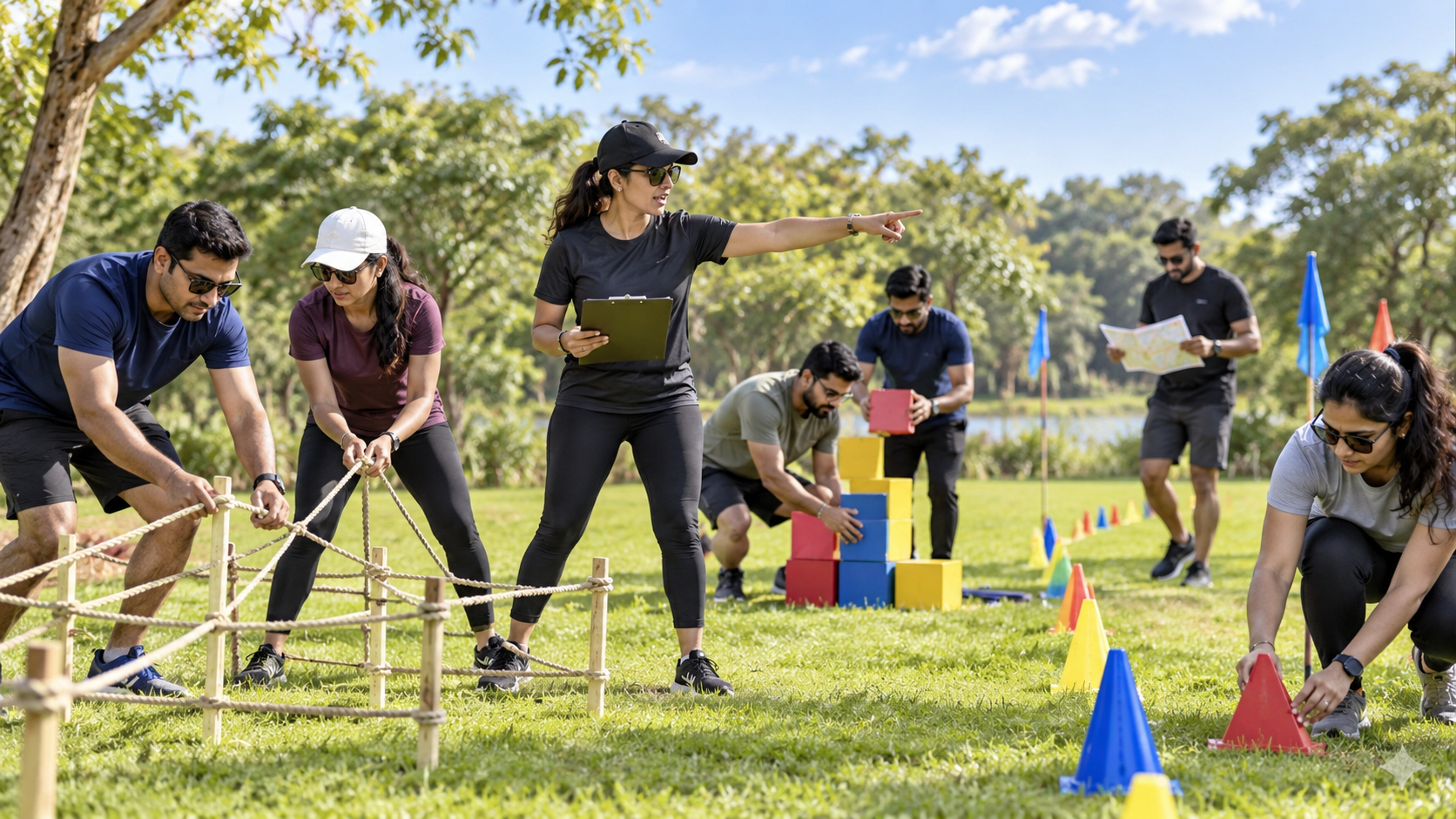 Leader delegating tasks across outdoor challenge stations