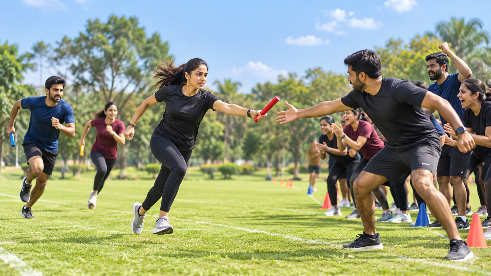 Corporate team competing in an outdoor baton relay