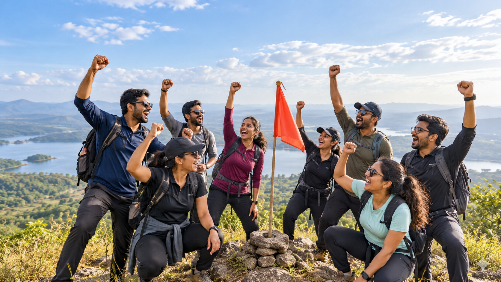 Employees celebrating at an outdoor hilltop checkpoint