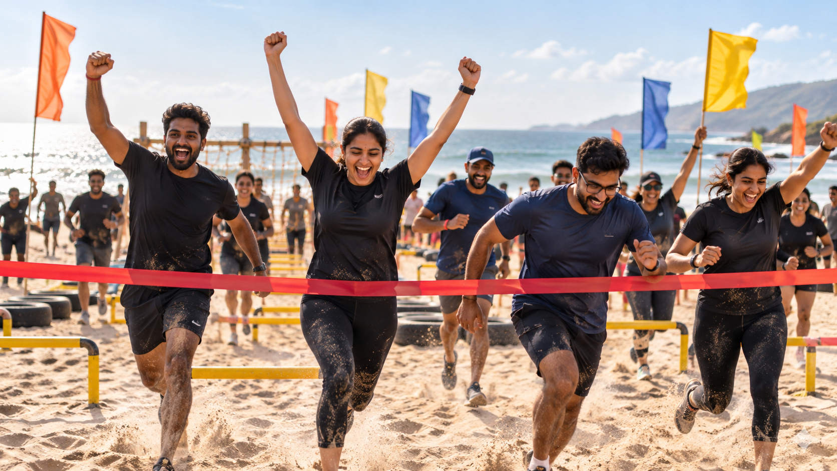 Corporate team crossing an outdoor beach obstacle finish