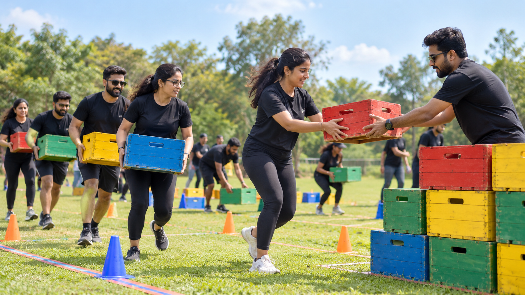 Employees managing an outdoor crate logistics challenge
