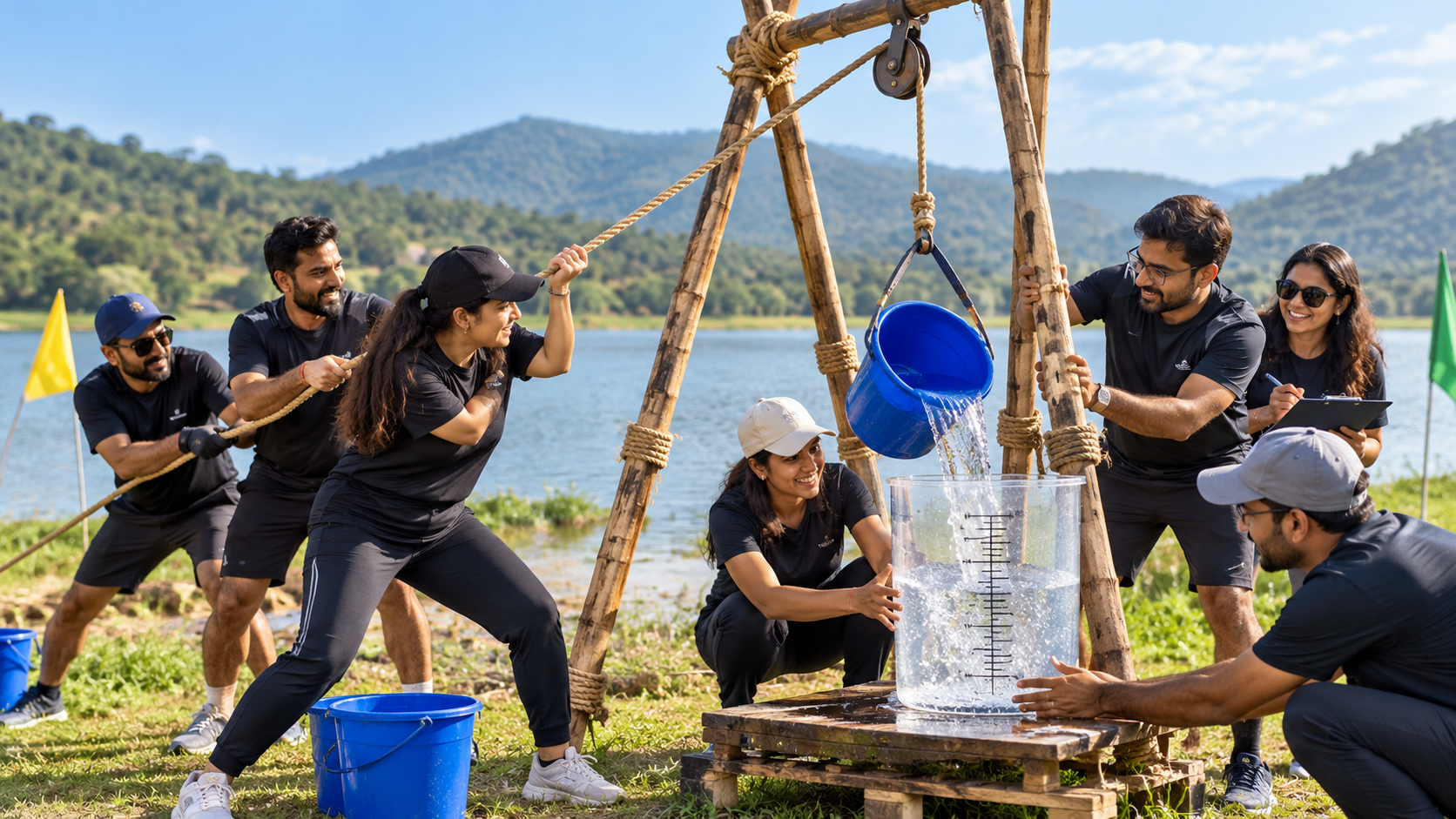 Team operating an outdoor water-transfer pulley challenge