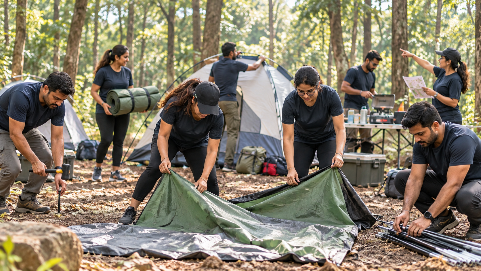 Corporate colleagues coordinating an outdoor campsite setup