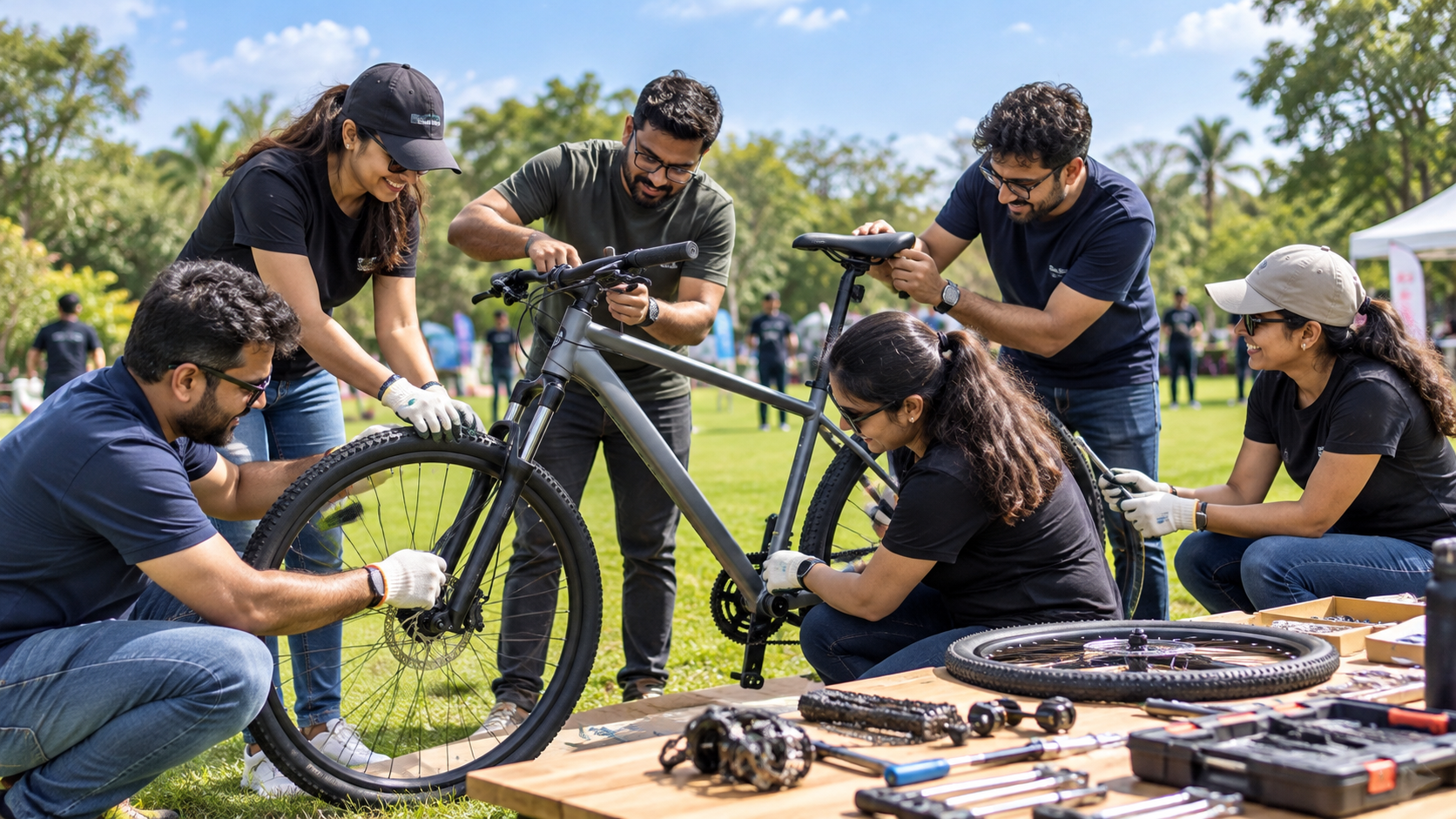 Employees assembling a bicycle at an outdoor work station