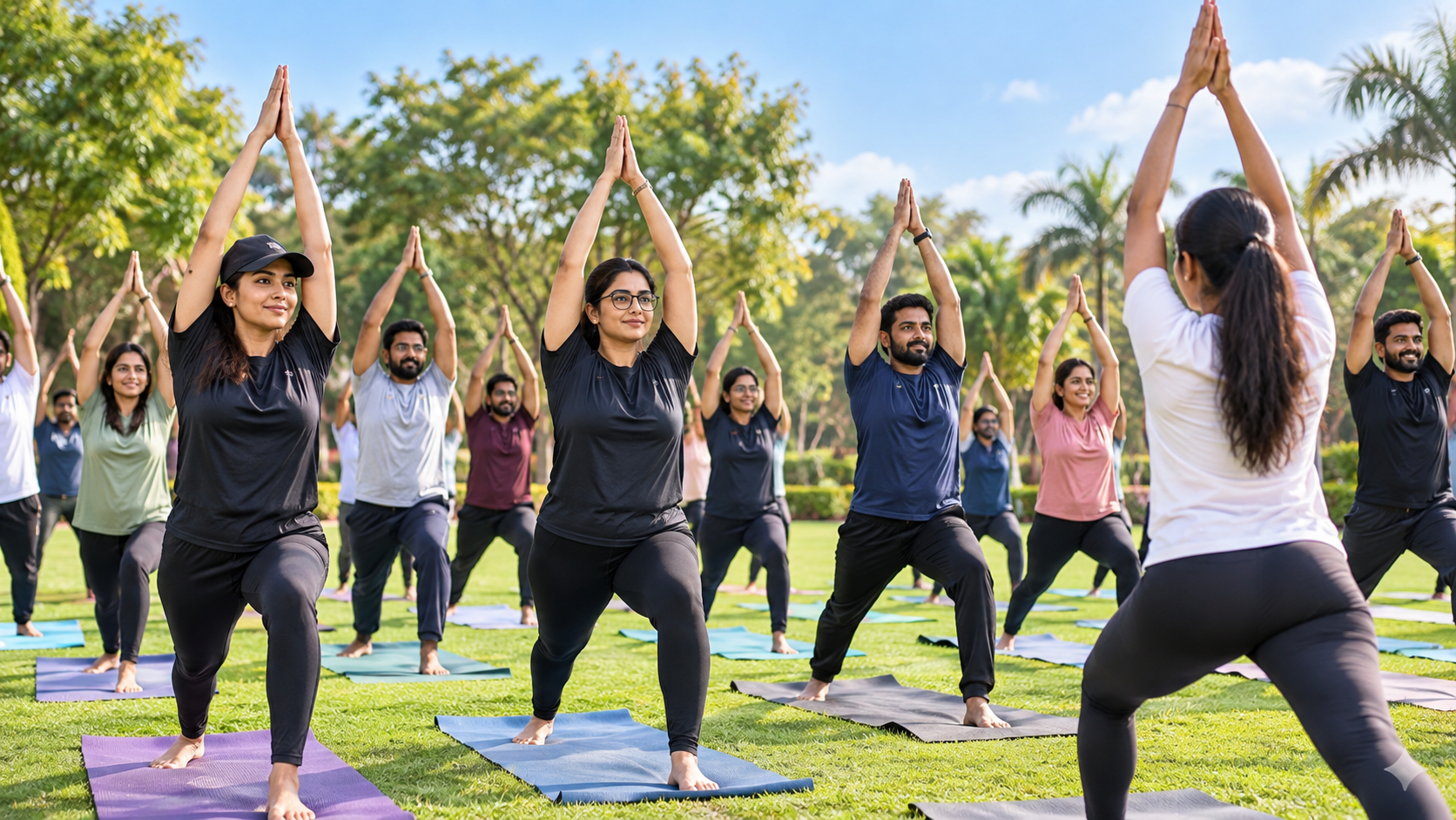 Employees practicing guided yoga outdoors