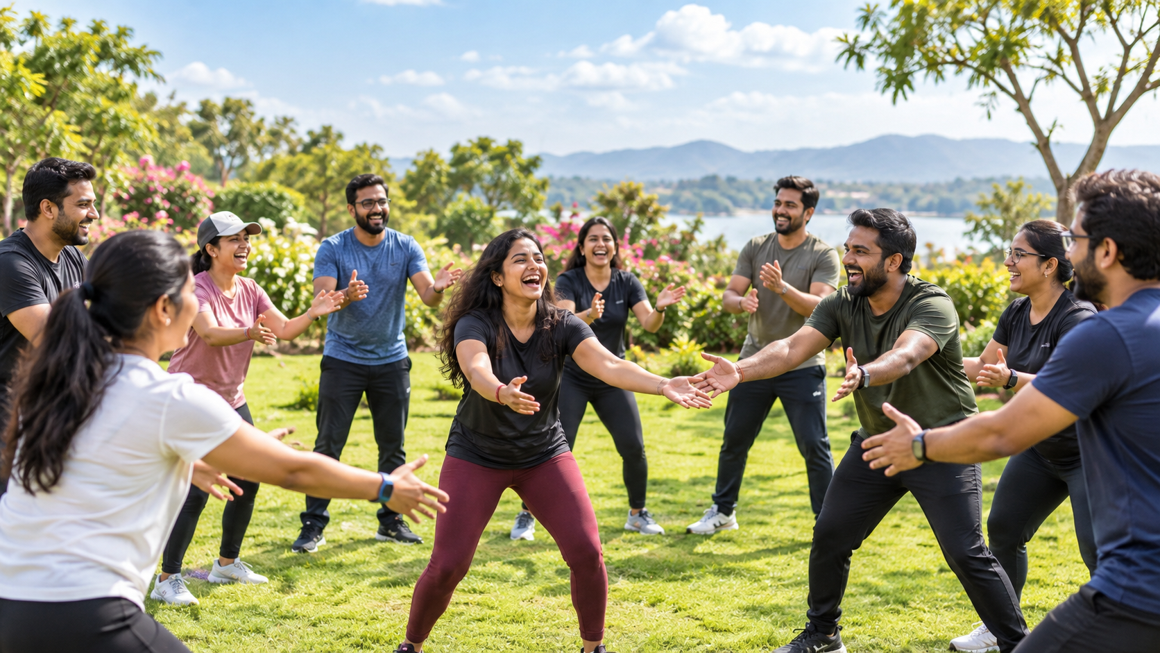 Employees sharing a positive outdoor laughter exercise