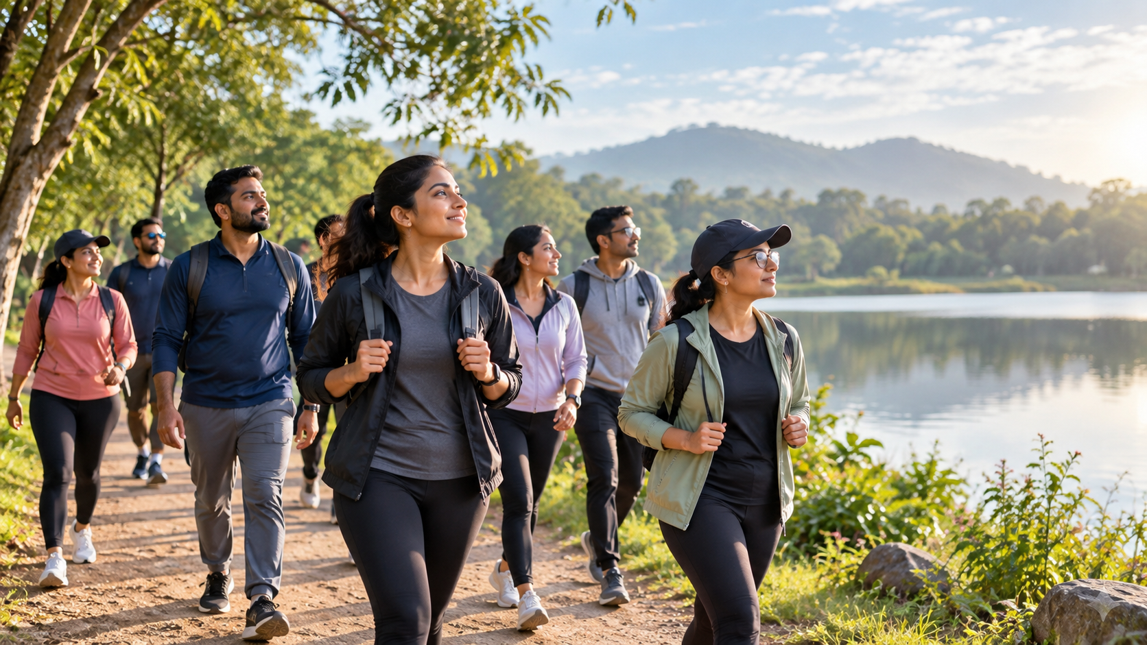 Corporate colleagues taking a mindful nature walk